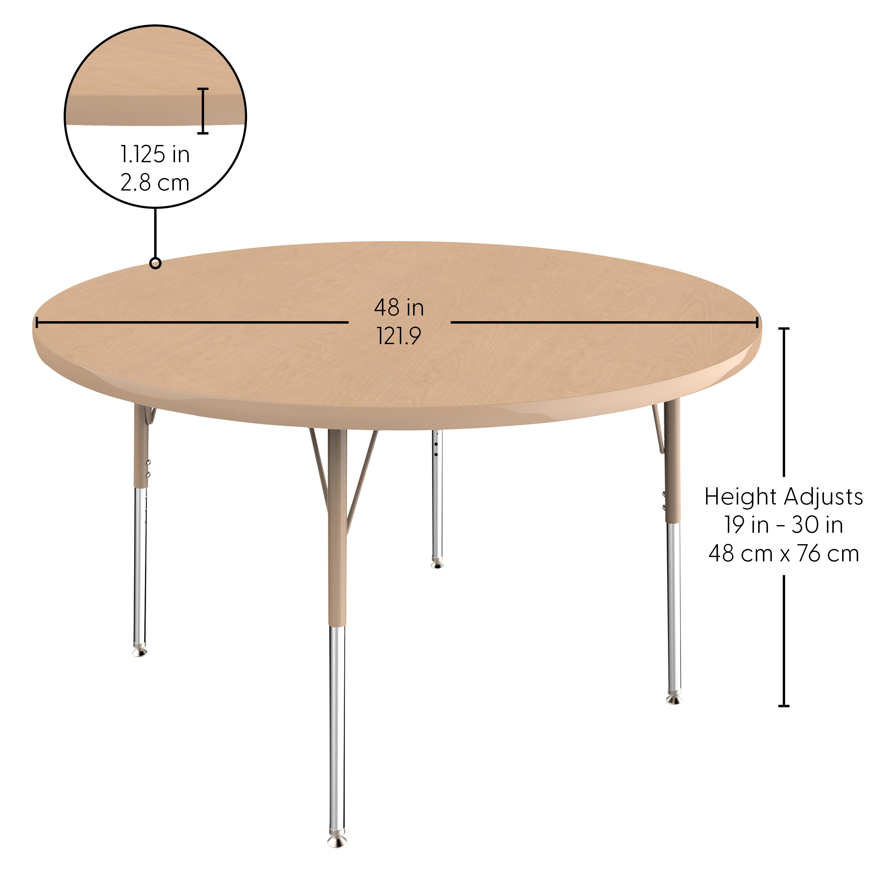 48" Round T-Molding Activity Table with Adjustable Standard Swivel Glide Legs - Maple/Sand