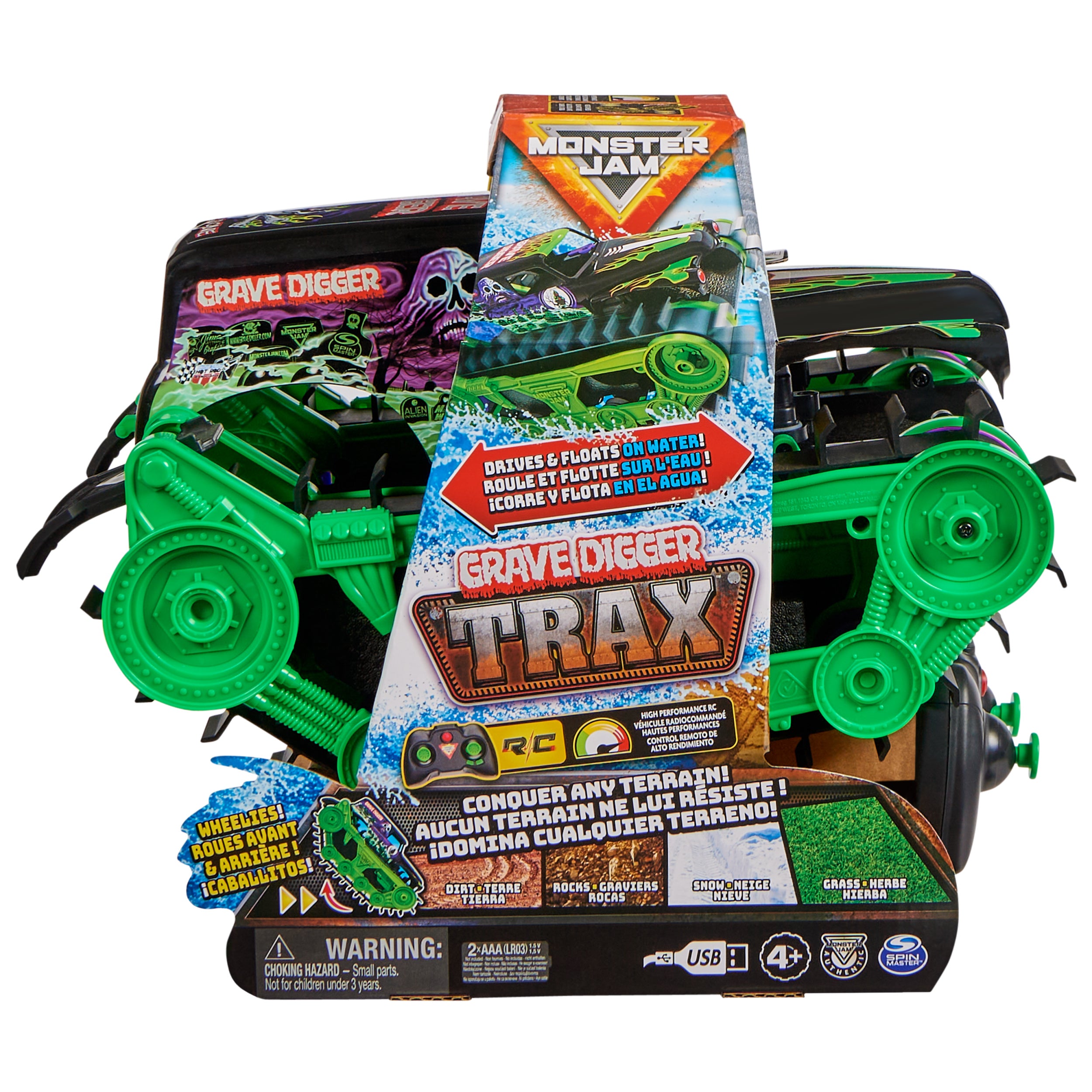 Monster Jam, Official Grave Digger Trax All-Terrain Remote Control Outdoor Vehicle,  1:15 Scale, Kids Toys for Boys and Girls Ages 4 and Up