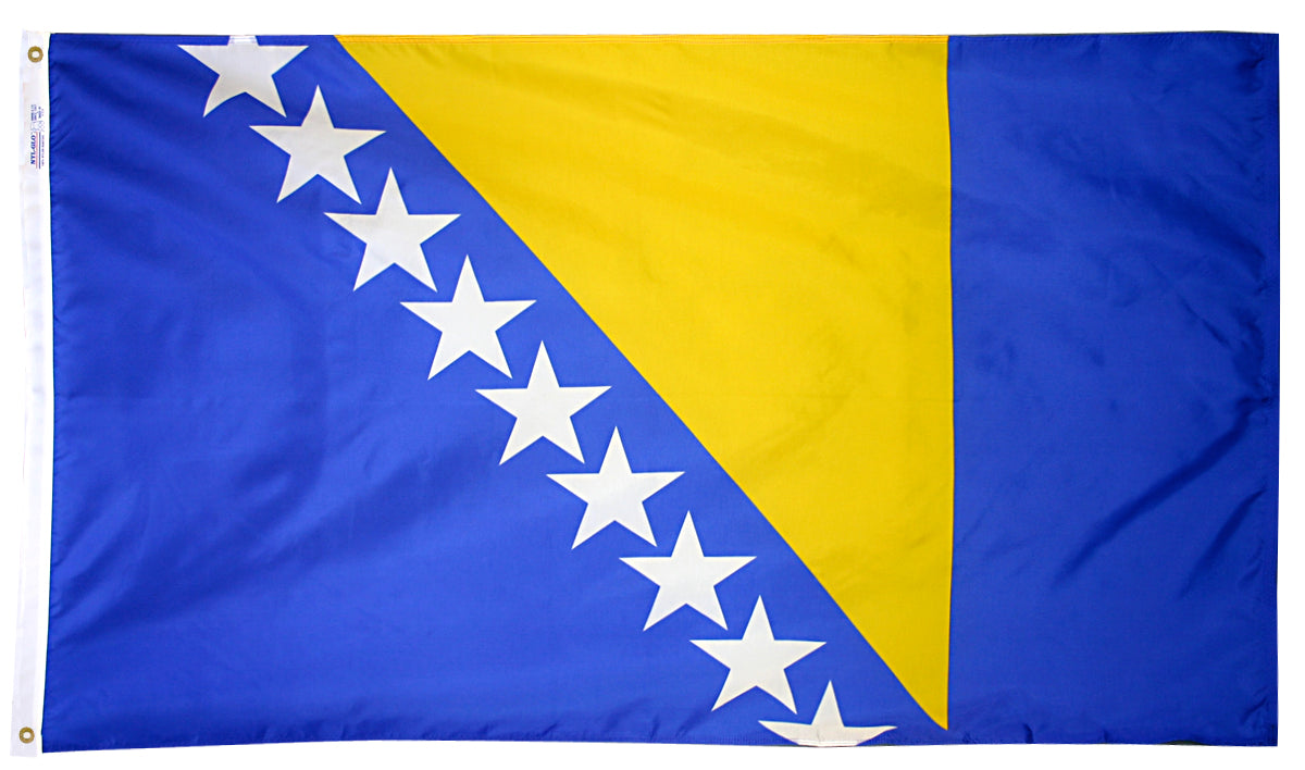 Bosnia-Herzegovina Flag 3x5 ft. Nylon SolarGuard Nyl-Glo 100% Made in USA to Official United Nations Design Specifications.