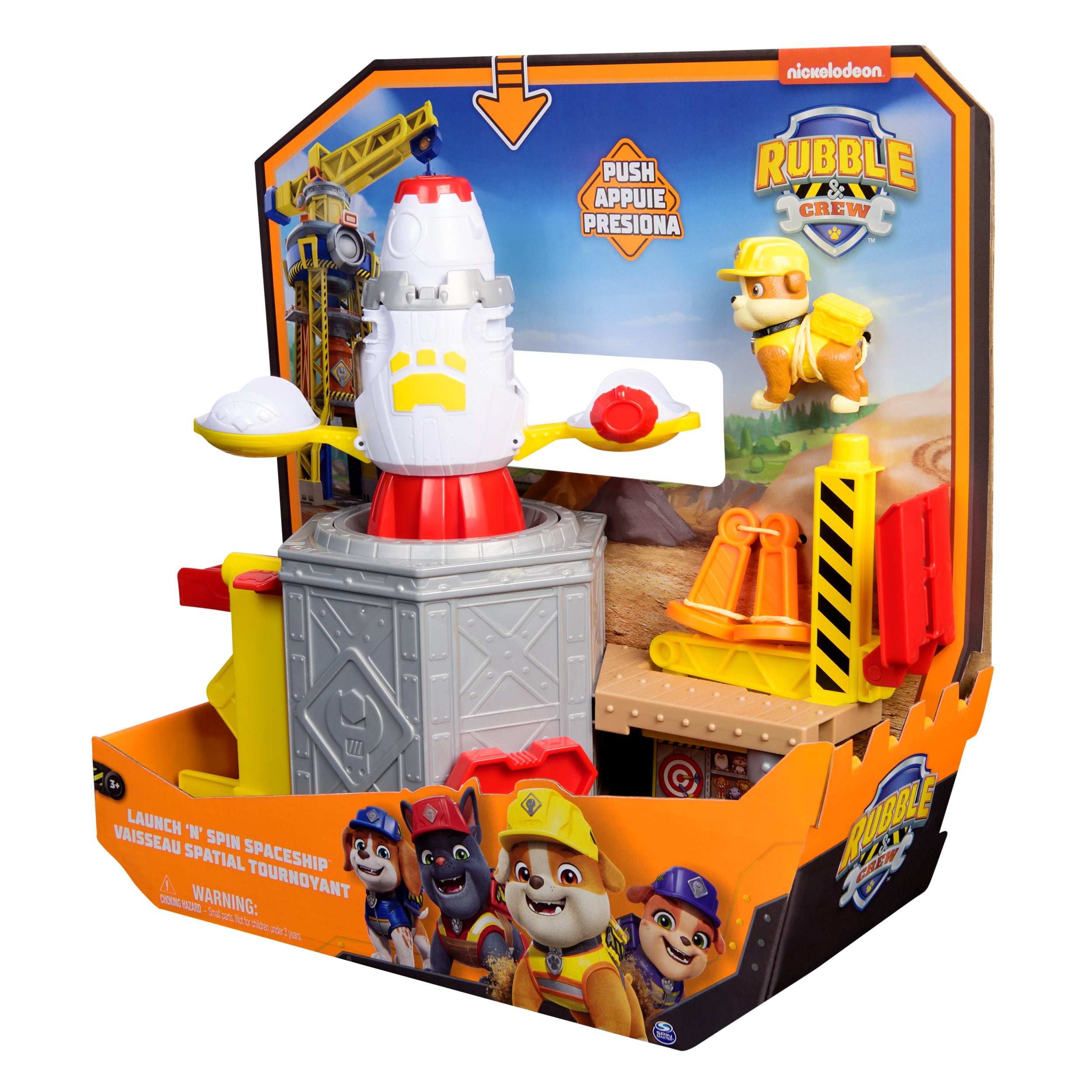 Rubble & Crew, Launch & Spin Spaceship Playset with Rubble Toy Figure in Construction Uniform, Kids Toys for Boys & Girls Ages 3 and up