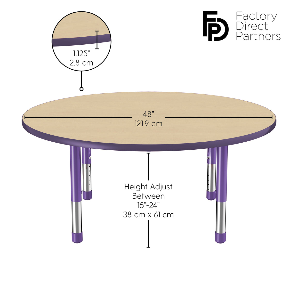 48" Round T-Molding Activity Table with Adjustable Chunky Legs - Maple/Purple