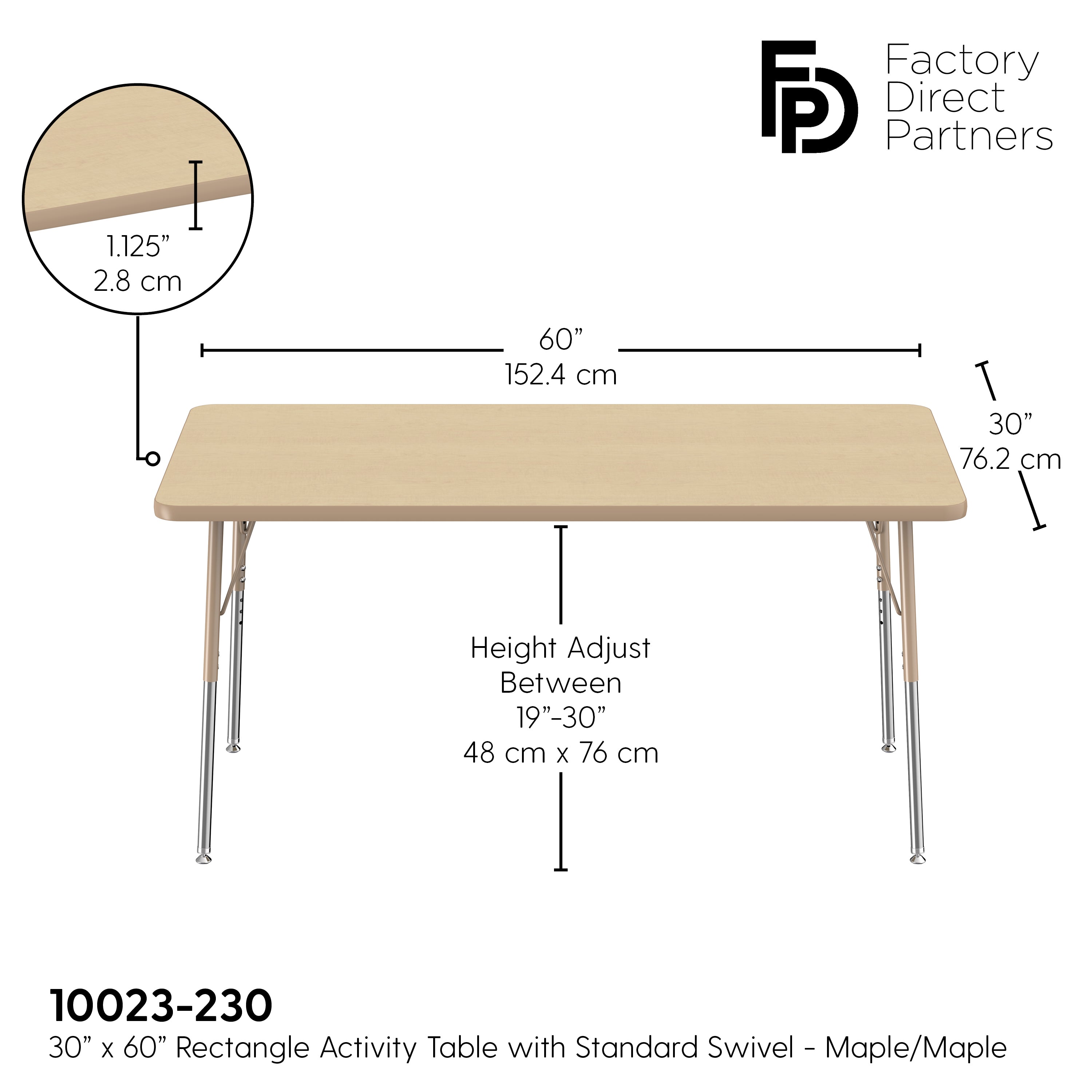 30" x 60" Rectangle T-Molding Activity Table with Adjustable Standard Swivel Glide Legs - Maple/Sand