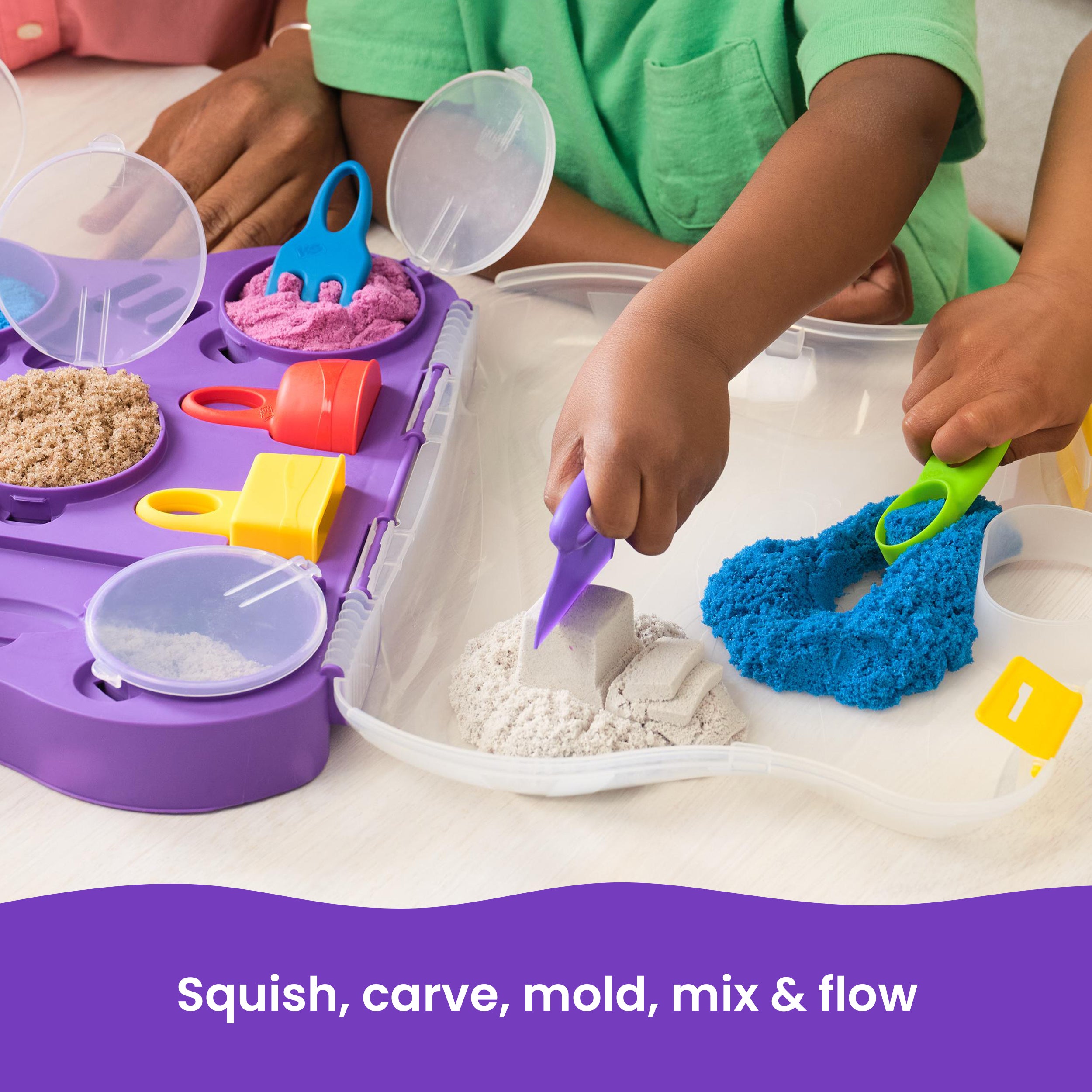 Kinetic Sand, Variety Case with 2lbs Play Sand Beach, Neon & Shimmer & 5 Tools, Reusable Storage, Sensory Toys for Kids Ages 3 and up