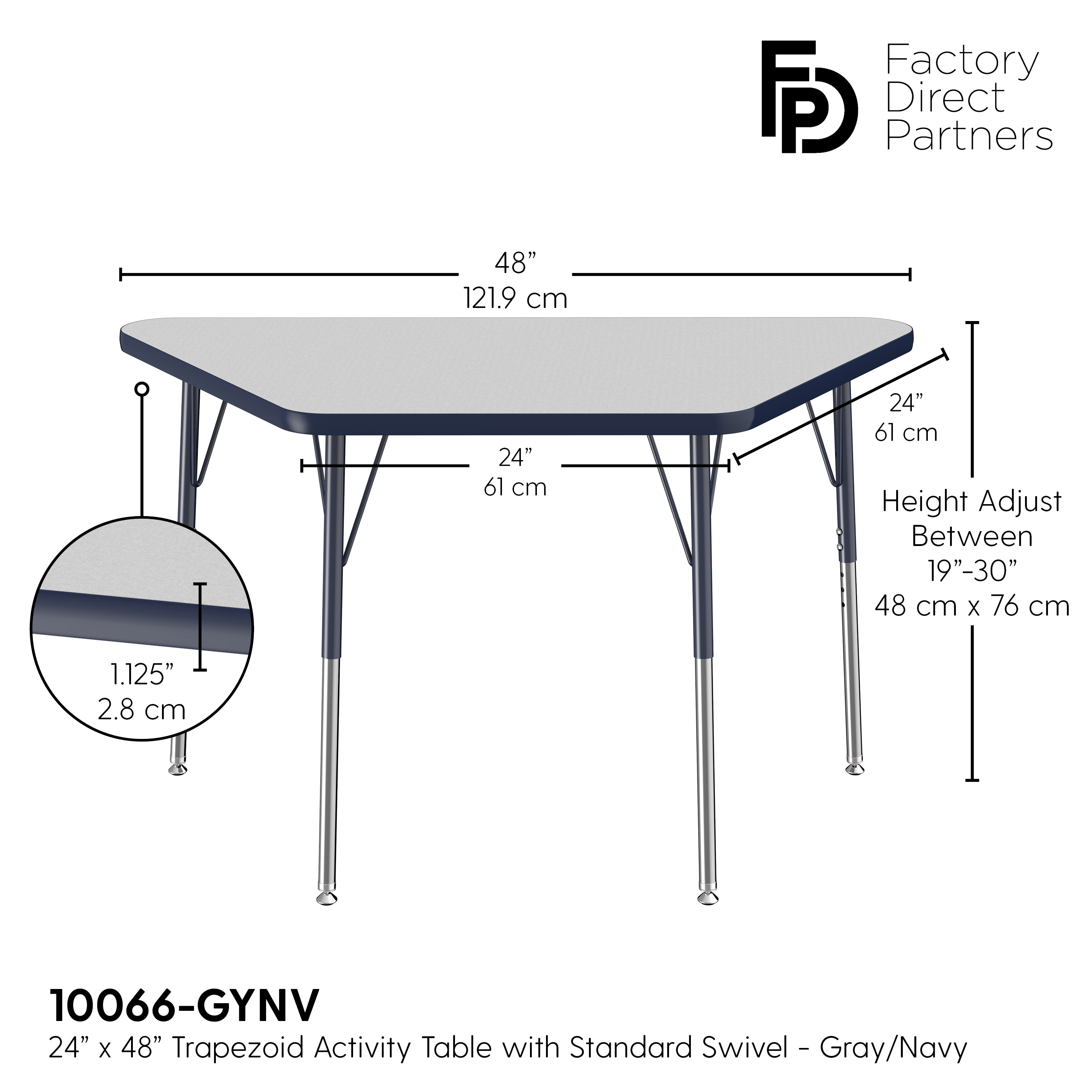 24" x 48" Trapezoid T-Molding Activity Table with Adjustable Standard Swivel Glide Legs - Gray/Navy
