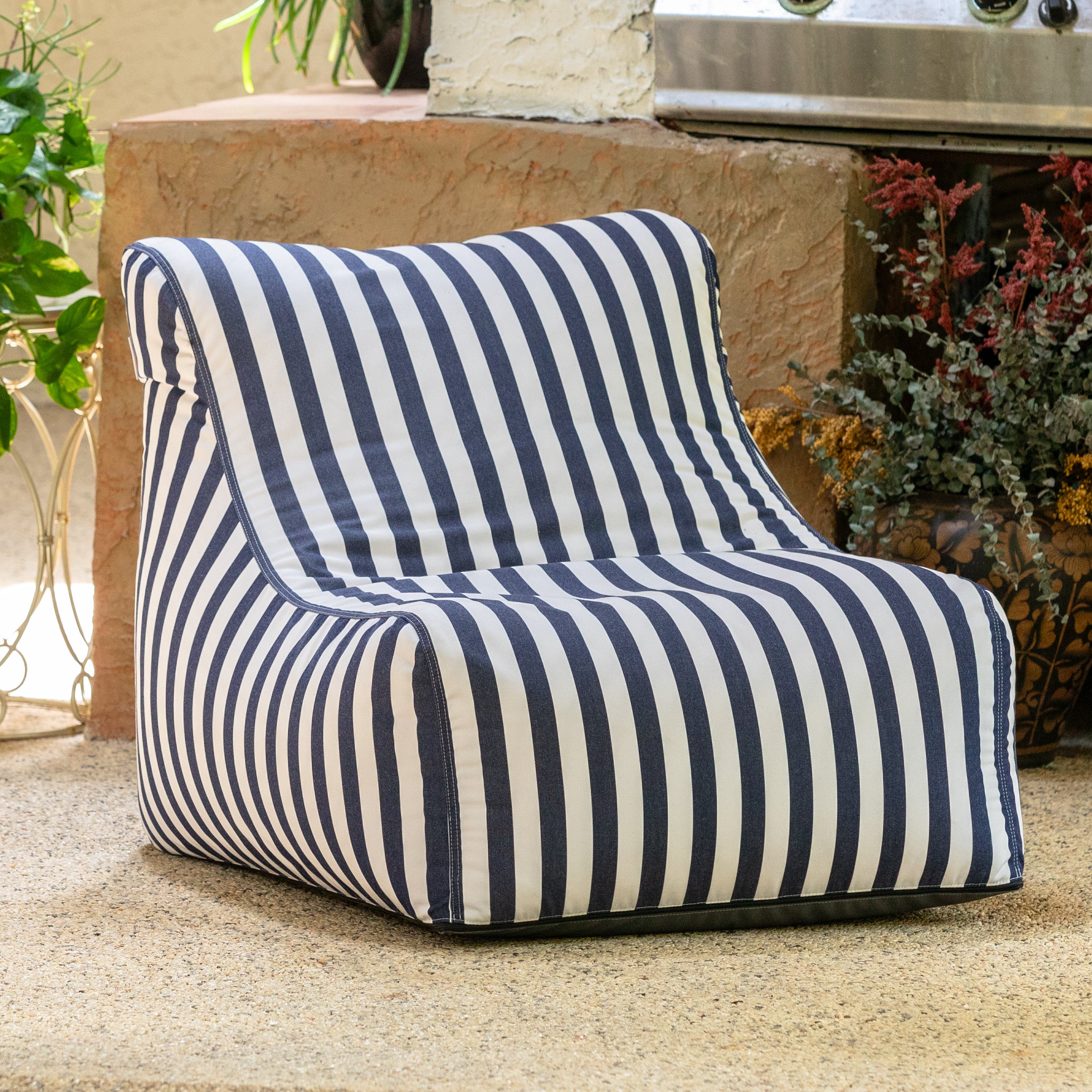 Jaxx Ponce Outdoor Bean Bag Chair - Weather Resistant Patio and Poolside Lounge Seating, Navy Striped