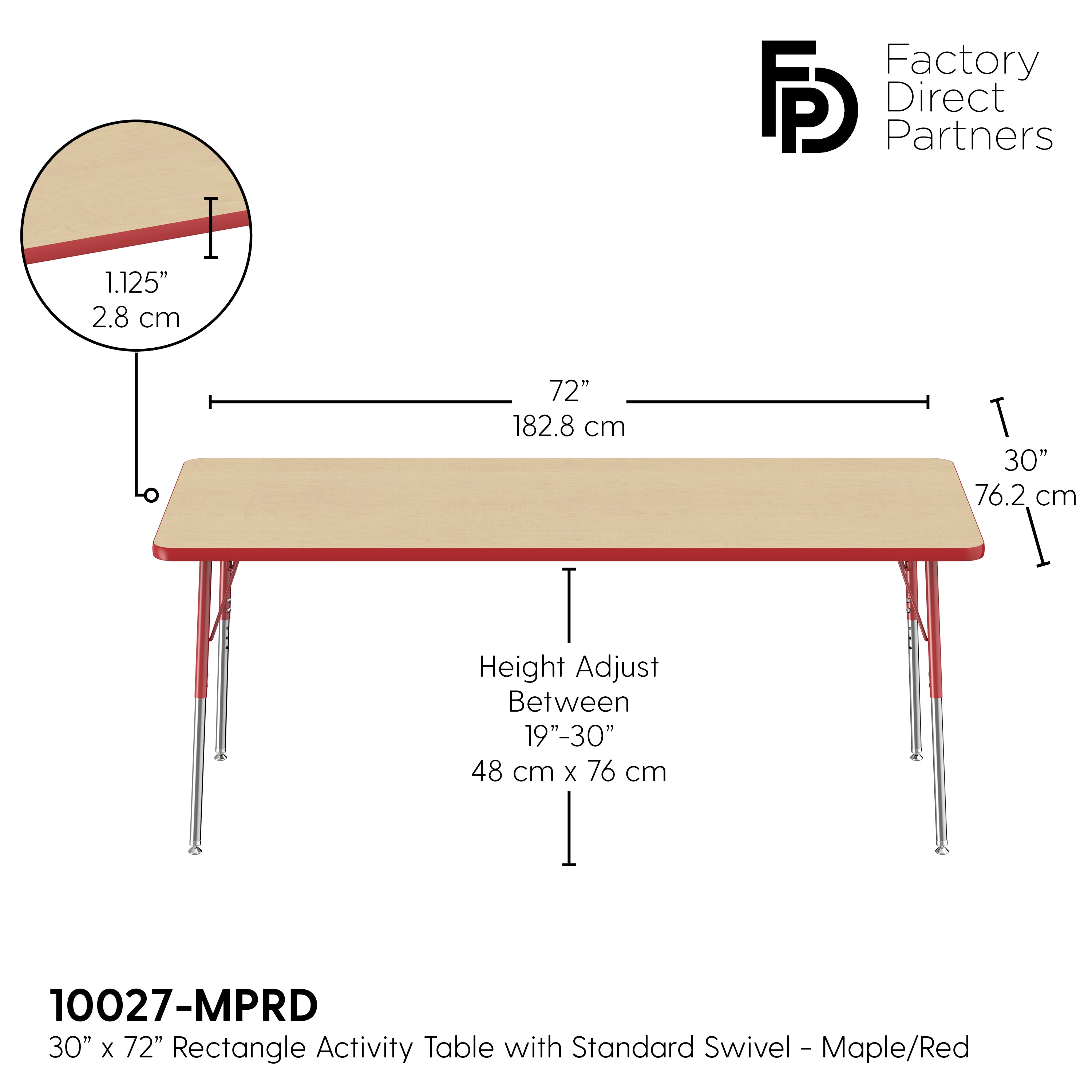 30" x 72" Rectangle T-Molding Activity Table with Adjustable Standard Swivel Glide Legs - Maple/Red