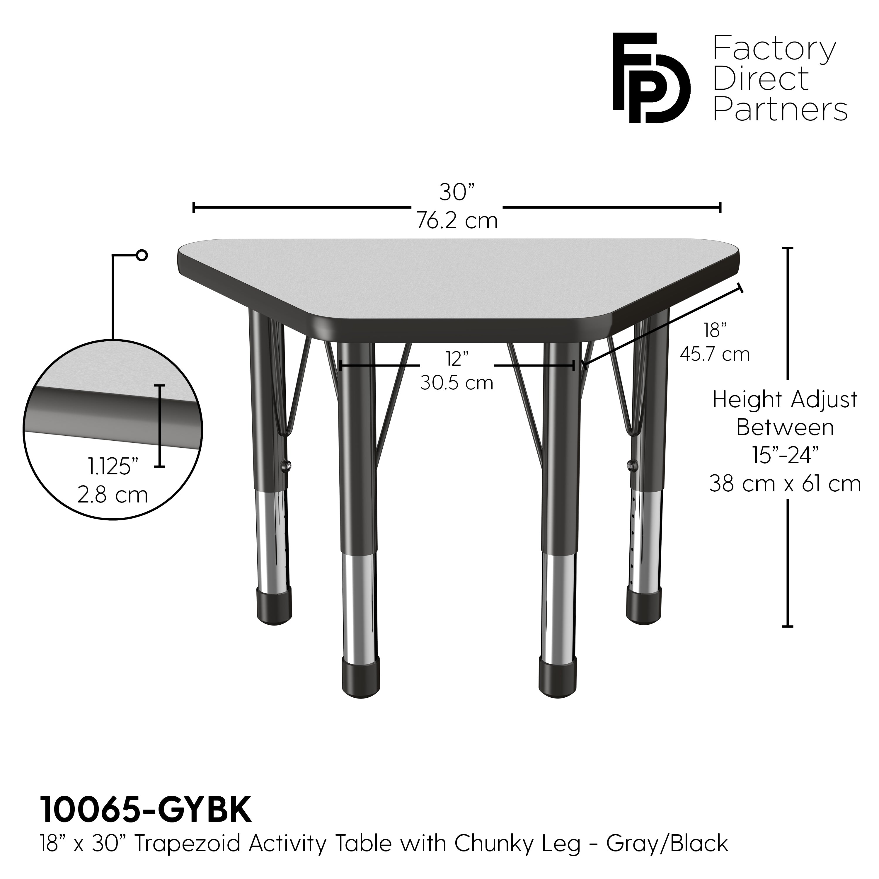 18" x 30" Trapezoid T-Molding Activity Table with Adjustable Chunky Legs - Gray/Black