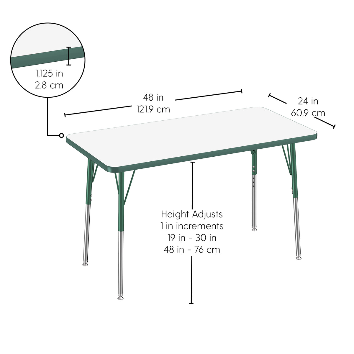 24" x 48" Rectangle Dry-Erase Activity Table with Adjustable Standard Swivel Glide Legs - Whiteboard/Green