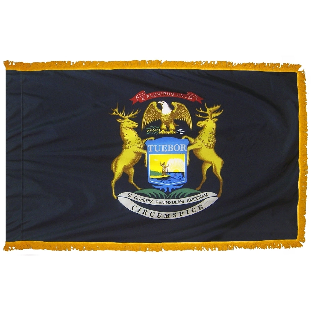 Michigan State Flag 3x5 ft. Nylon with Pole Sleeve and Gold Fringe for Parades, and Indoor Display