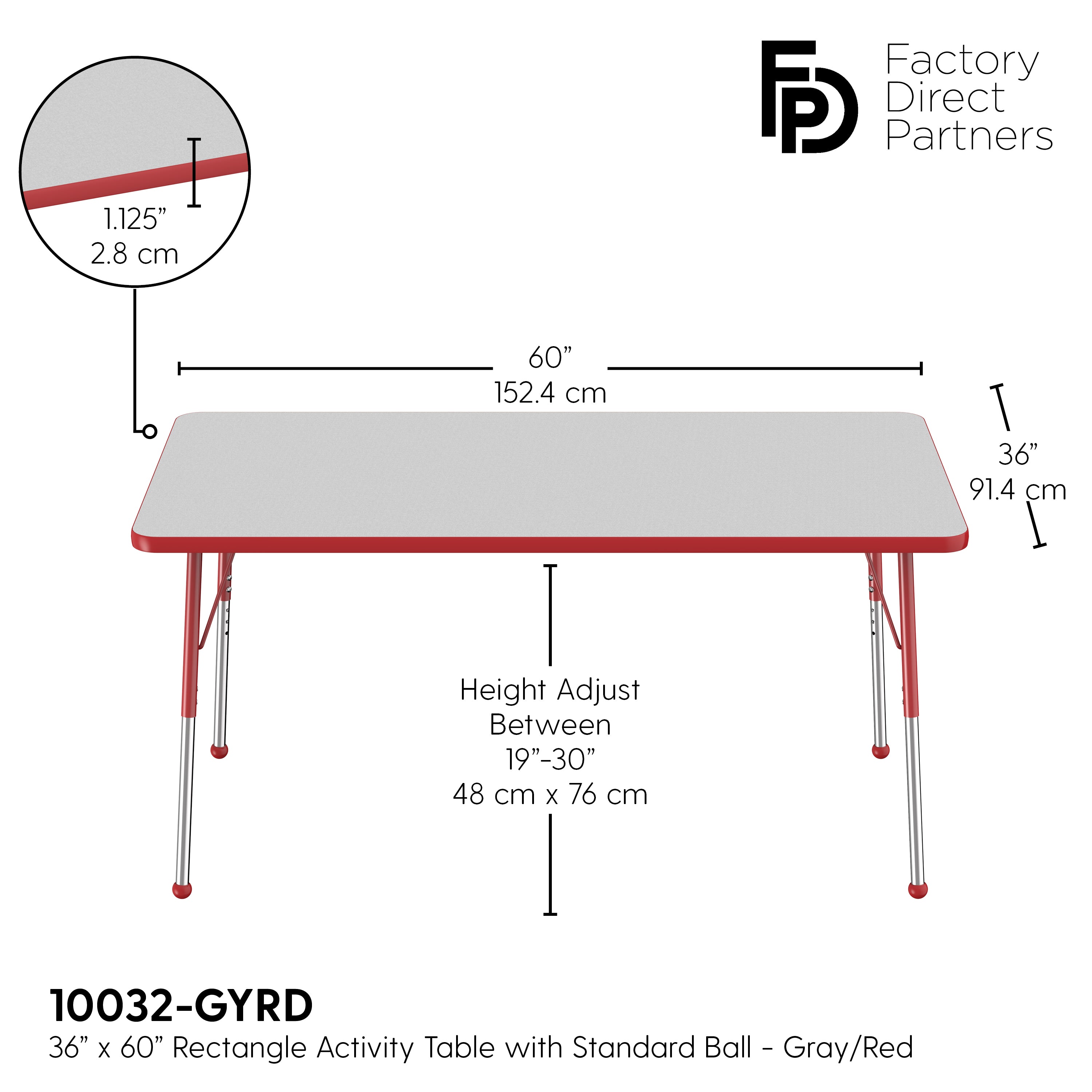 36" x 60" Rectangle T-Molding Activity Table with Adjustable Standard Ball Glide Legs - Gray/Red