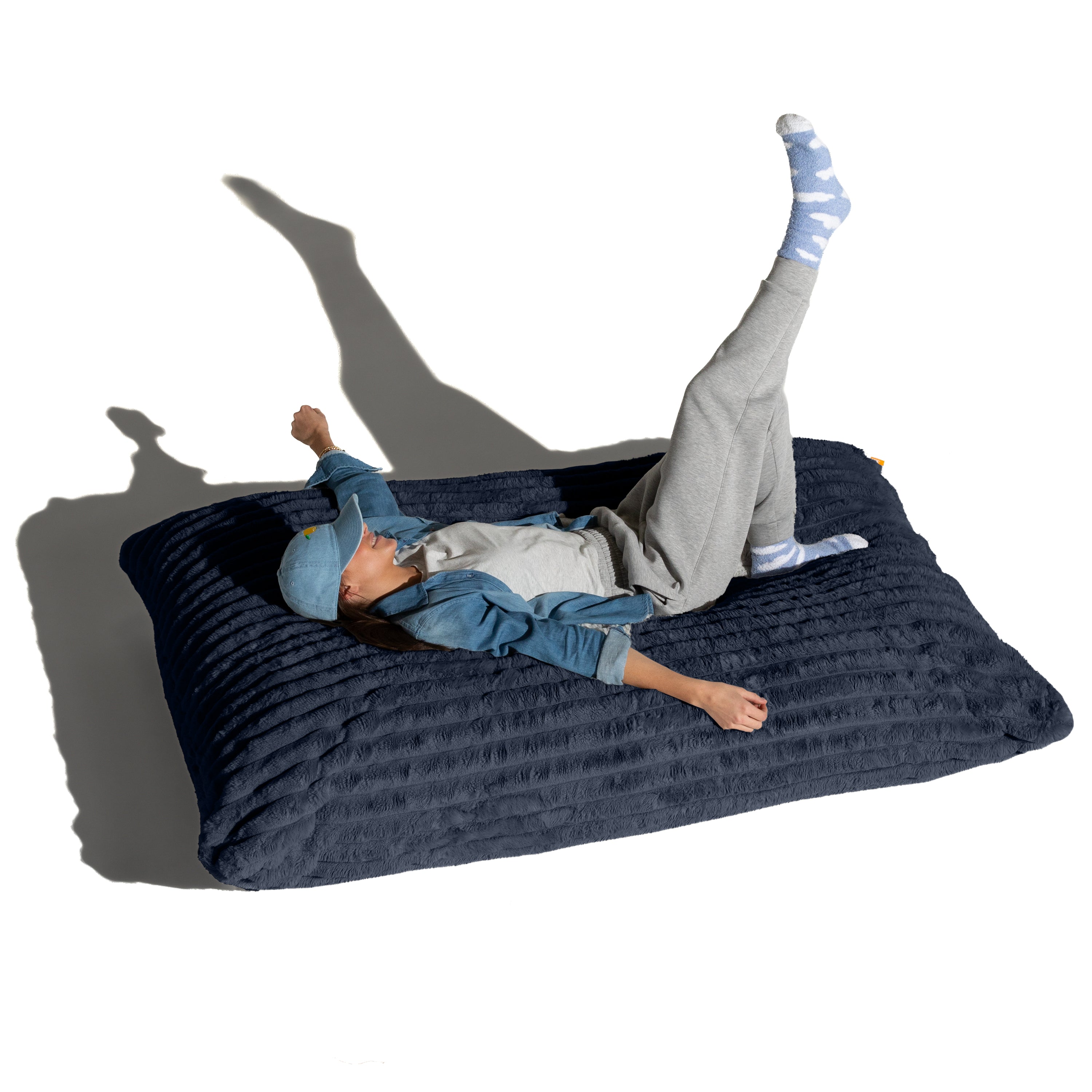 Pillow Saxx Bean Bag Rocking Chair - Elegant Oversized Rocker with Modern Wood Frame, Mondo Fur Midnight Blue