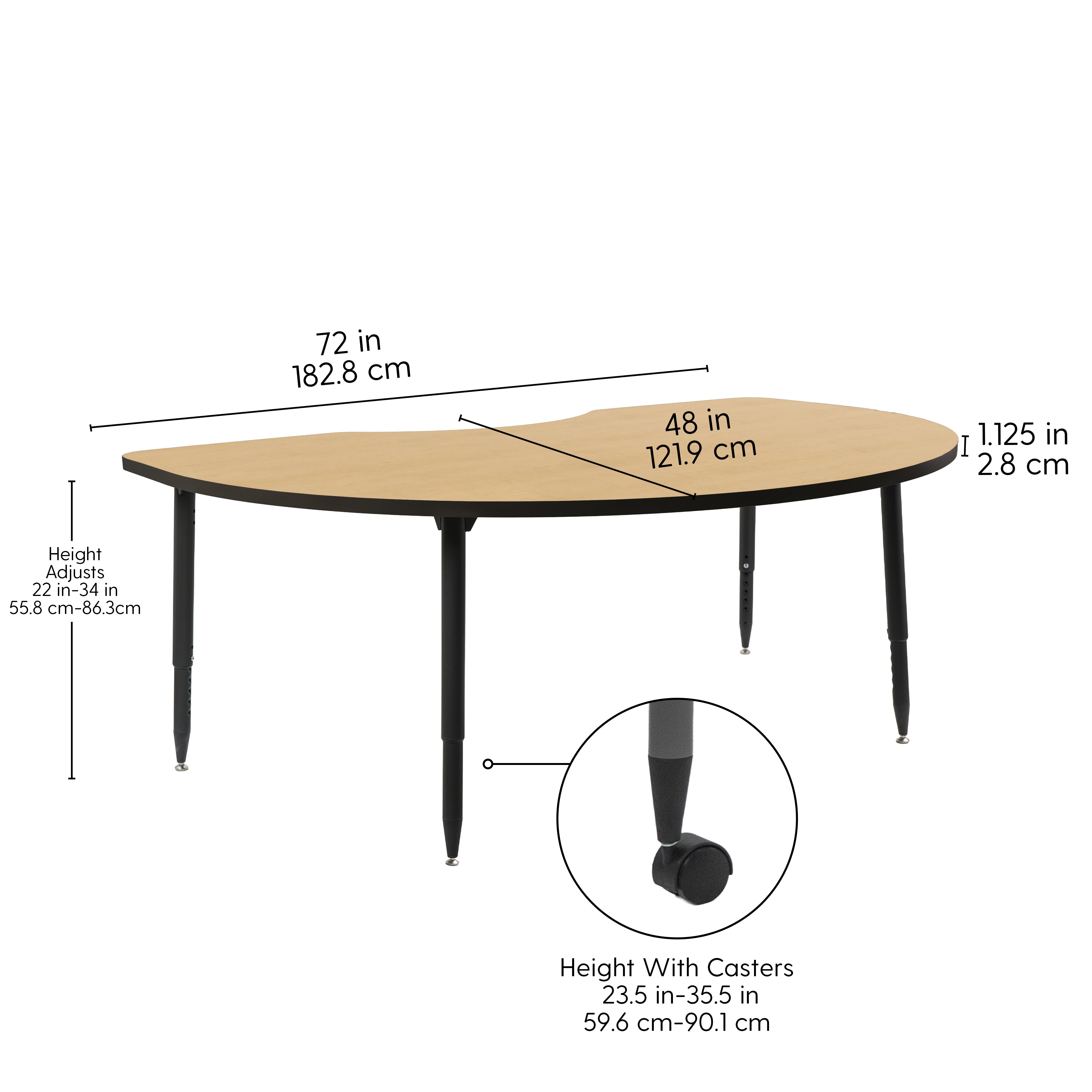 Adapte 48" x 72" Kidney Thermofused Activity Table with Adjustable Tapered Legs - Maple/Black