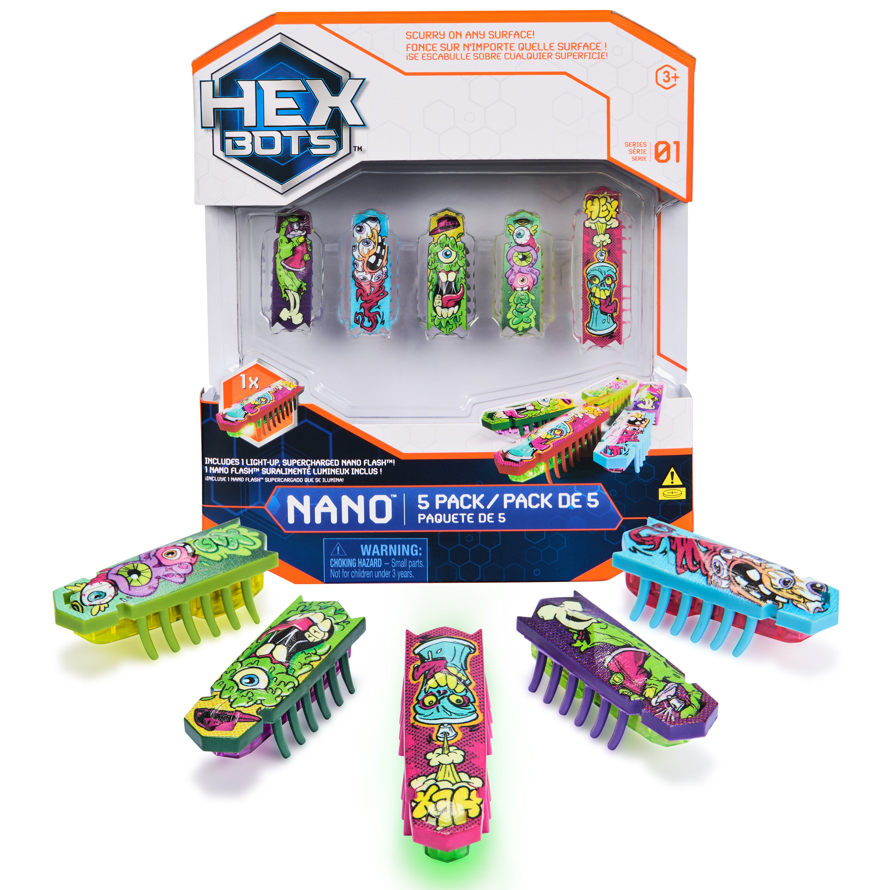 HEX BOTS Nano 5 Pack, 4 Mini Bots with Bonus Flash Bot, Sensory Toy for Kids & Cats, Vibration Technology, Mini Robot Toy for Kids 3 & Up