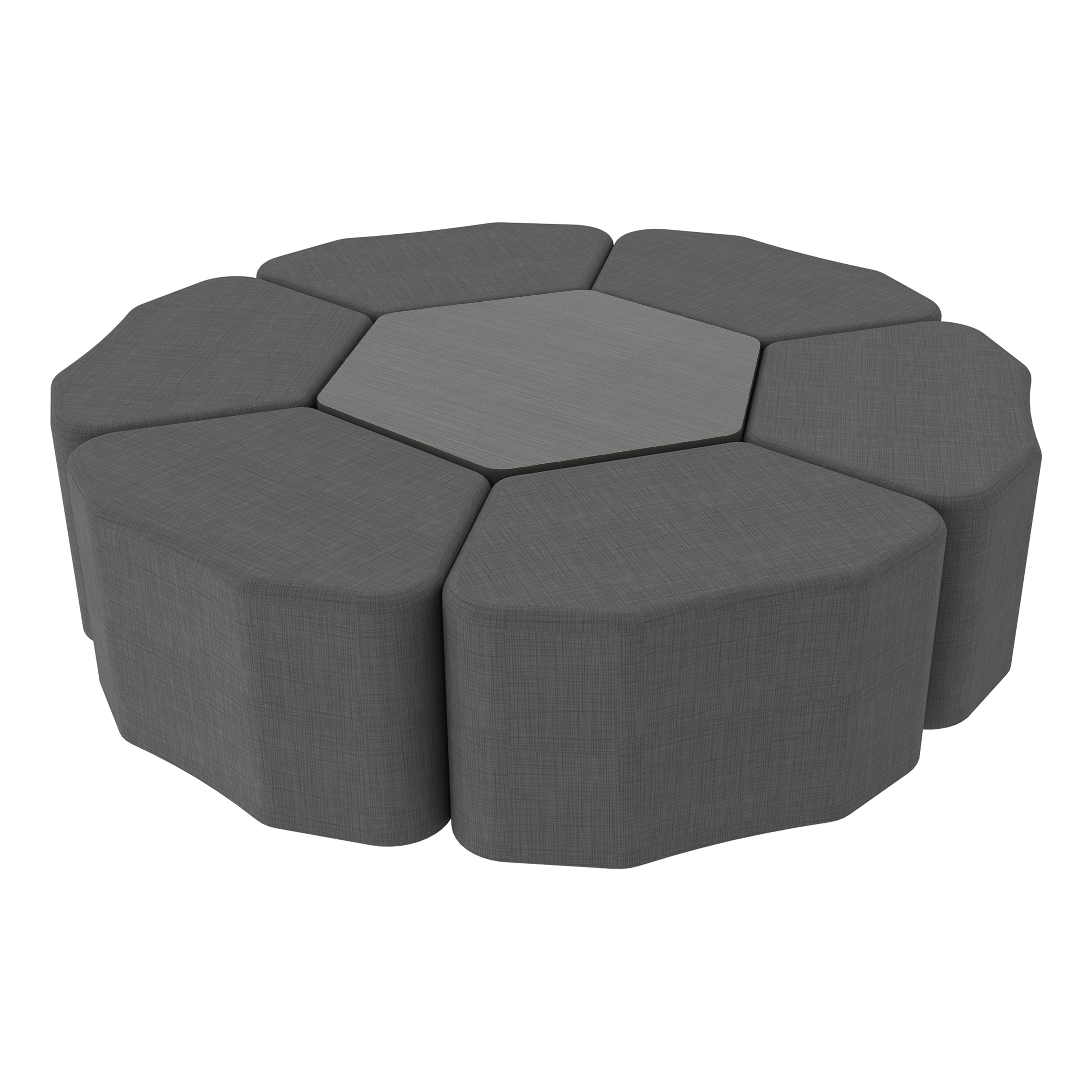 Pro Series Hexagon Ottoman Table with Petal 18" H Seating, 7-Piece Set - Slate Gray Crosshatch/Cosmic Strandz