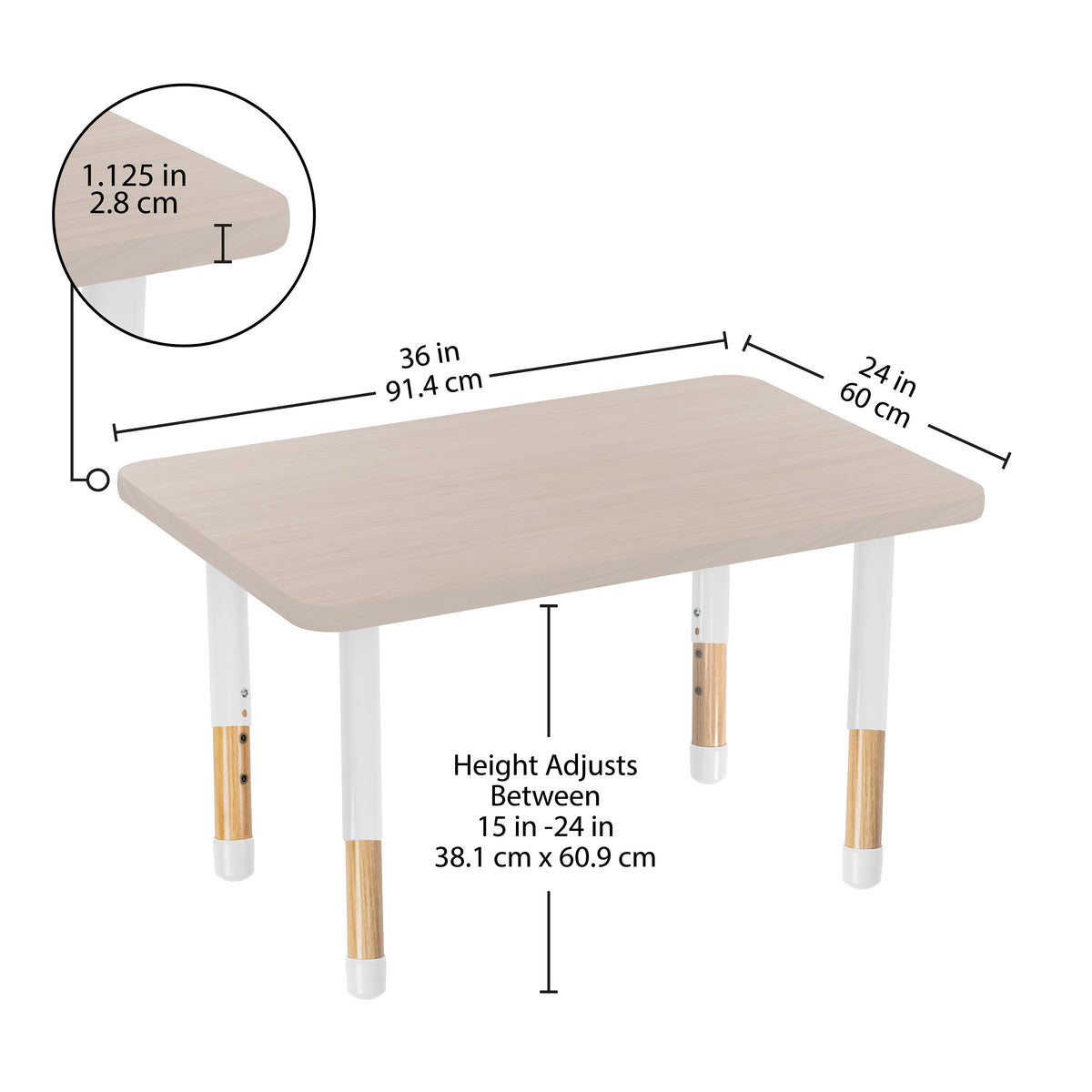 24" x 36" Rectangle Thermofused Activity Table with Adjustable Chunky Wood Legs - Asian Sand/White/Natural