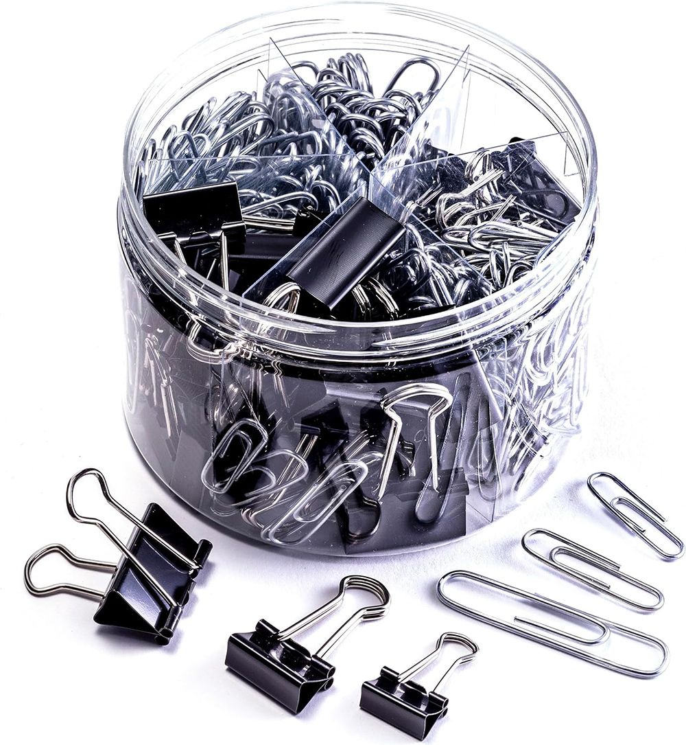 340 Assorted Paper Clips and Binder Clips, Reusable Storage Tub, Silver/Black