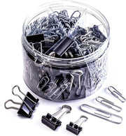 340 Assorted Paper Clips and Binder Clips, Reusable Storage Tub, Silver/Black