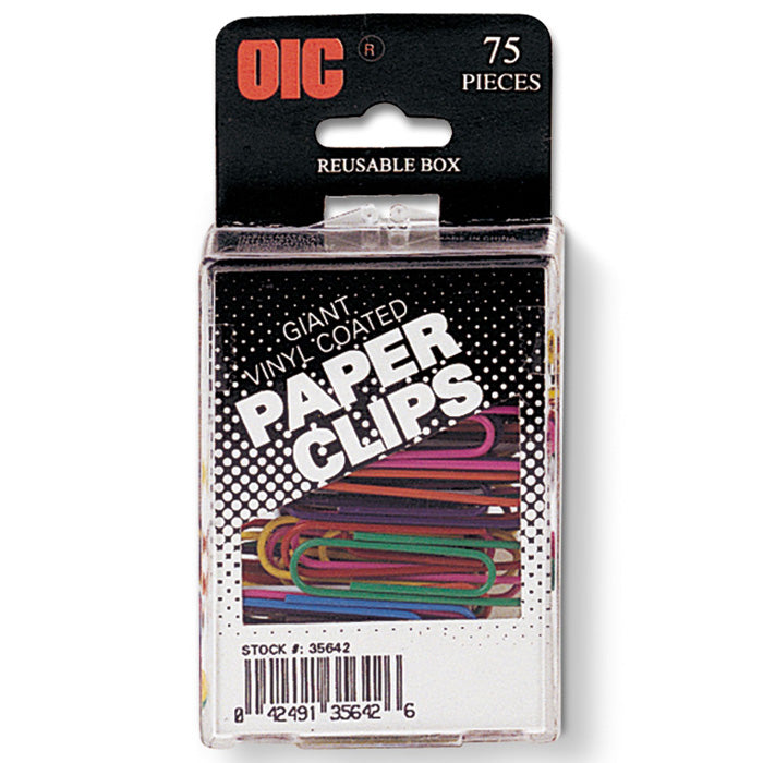 Paper Clips, Giant, Vinyl Coated, Assorted Colors, 75/Reusable Box
