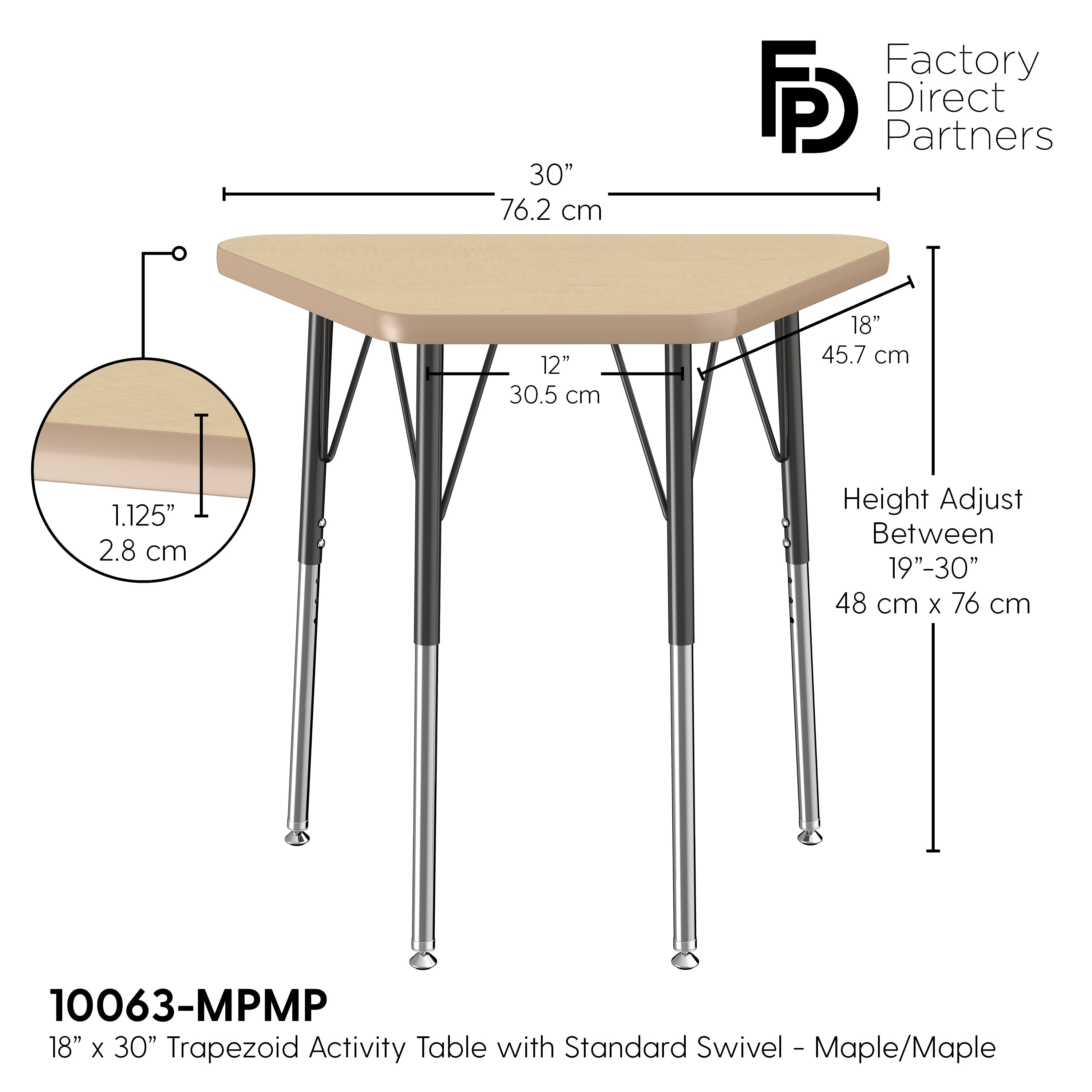 18" x 30" Trapezoid T-Molding Activity Table with Adjustable Standard Swivel Glide Legs - Maple/Maple/Black