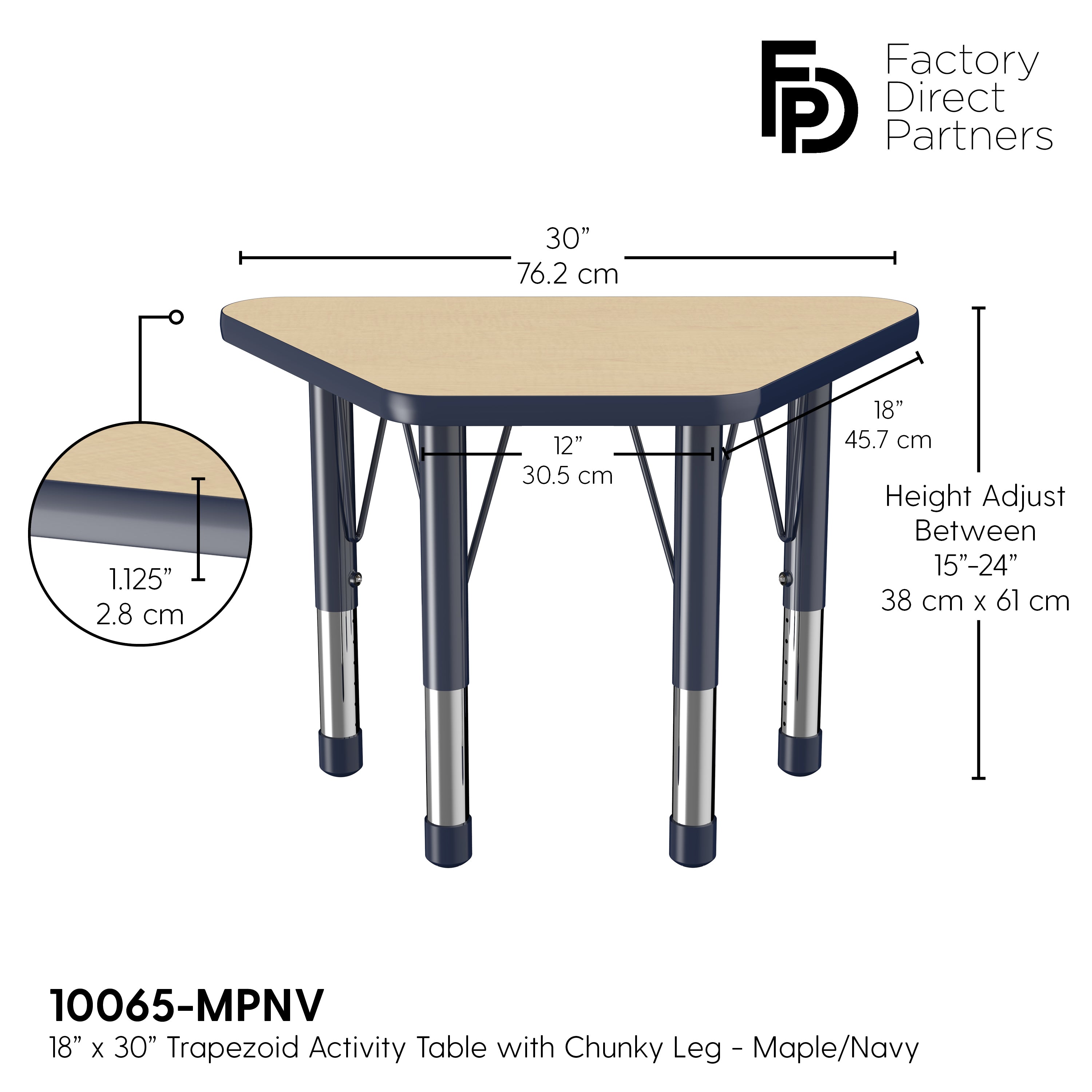 18" x 30" Trapezoid T-Molding Activity Table with Adjustable Chunky Legs - Maple/Navy