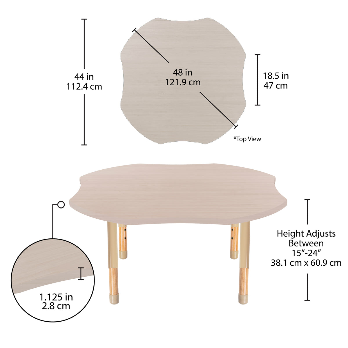 48" x 48" Clover Thermofused Activity Table with Adjustable Chunky Wood Legs - Asian Sand/Sand/Natural