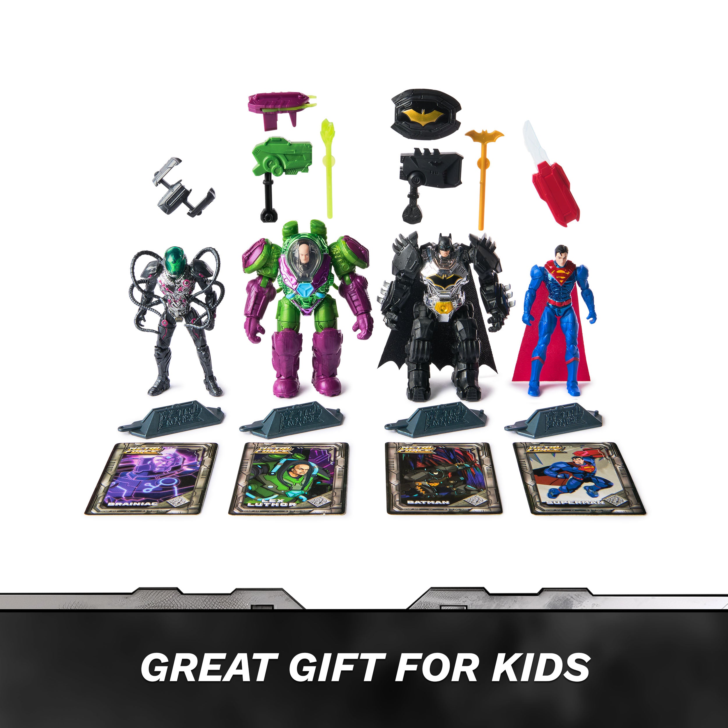 DC Comics, Metal Force Team Up Brainiac and Lex Luthor vs Batman and Superman Set, 4-Inch Action Figures with Exclusive Accessories, Includes Character Cards, Kids Toys of Boys Ages 4 and Up