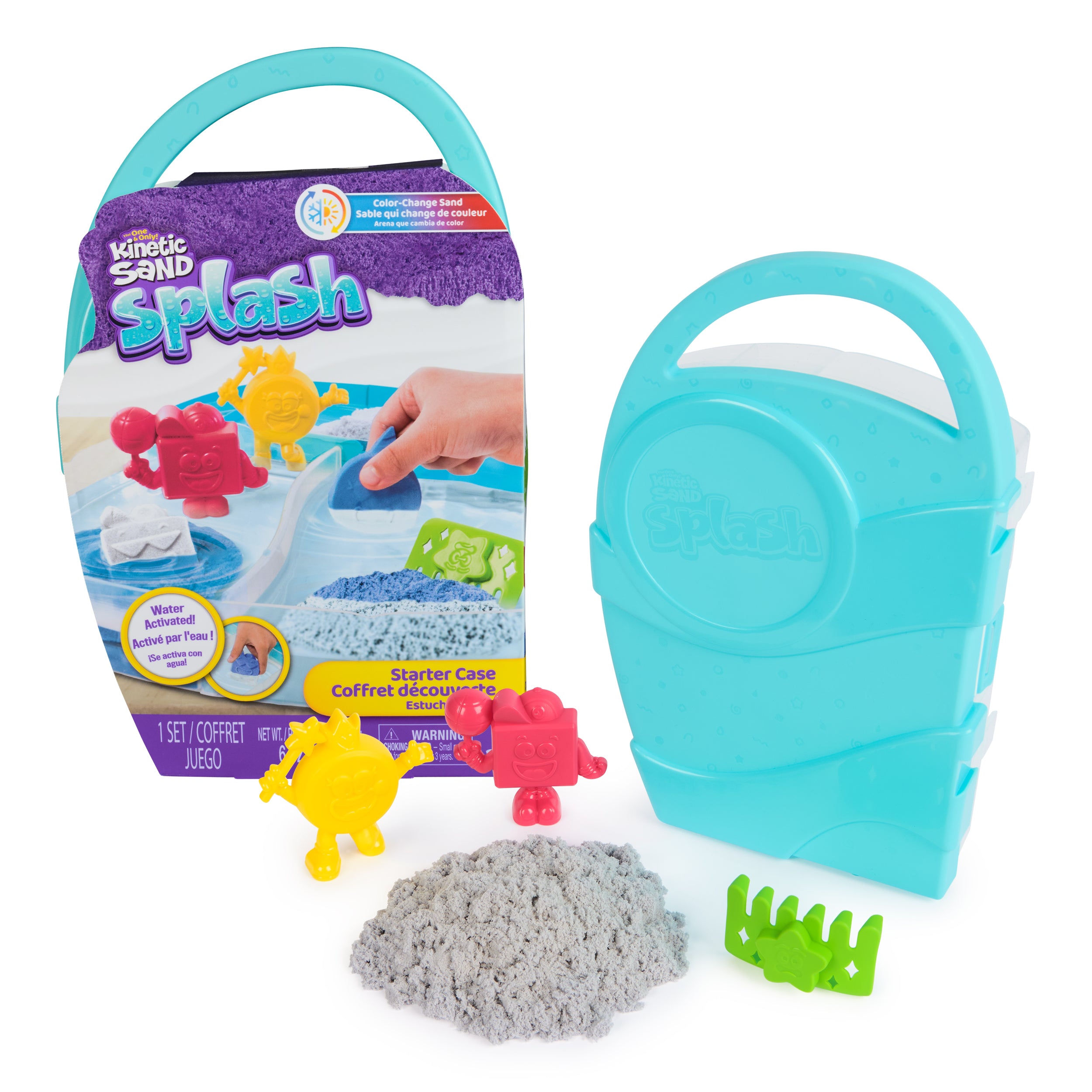 Kinetic Sand, Splash Starter Case with 6oz Color-Change Play Sand, 3 Tools & Molds, Reusable Storage, Sensory Toys for Kids Ages 3 and up