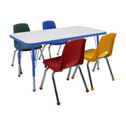 24" x 48" Rectangle Dry-Erase Activity Table with Standard Legs and 14" Stack Chairs with Ball Glides, 5-Piece Set - Whiteboard/Blue/Assorted