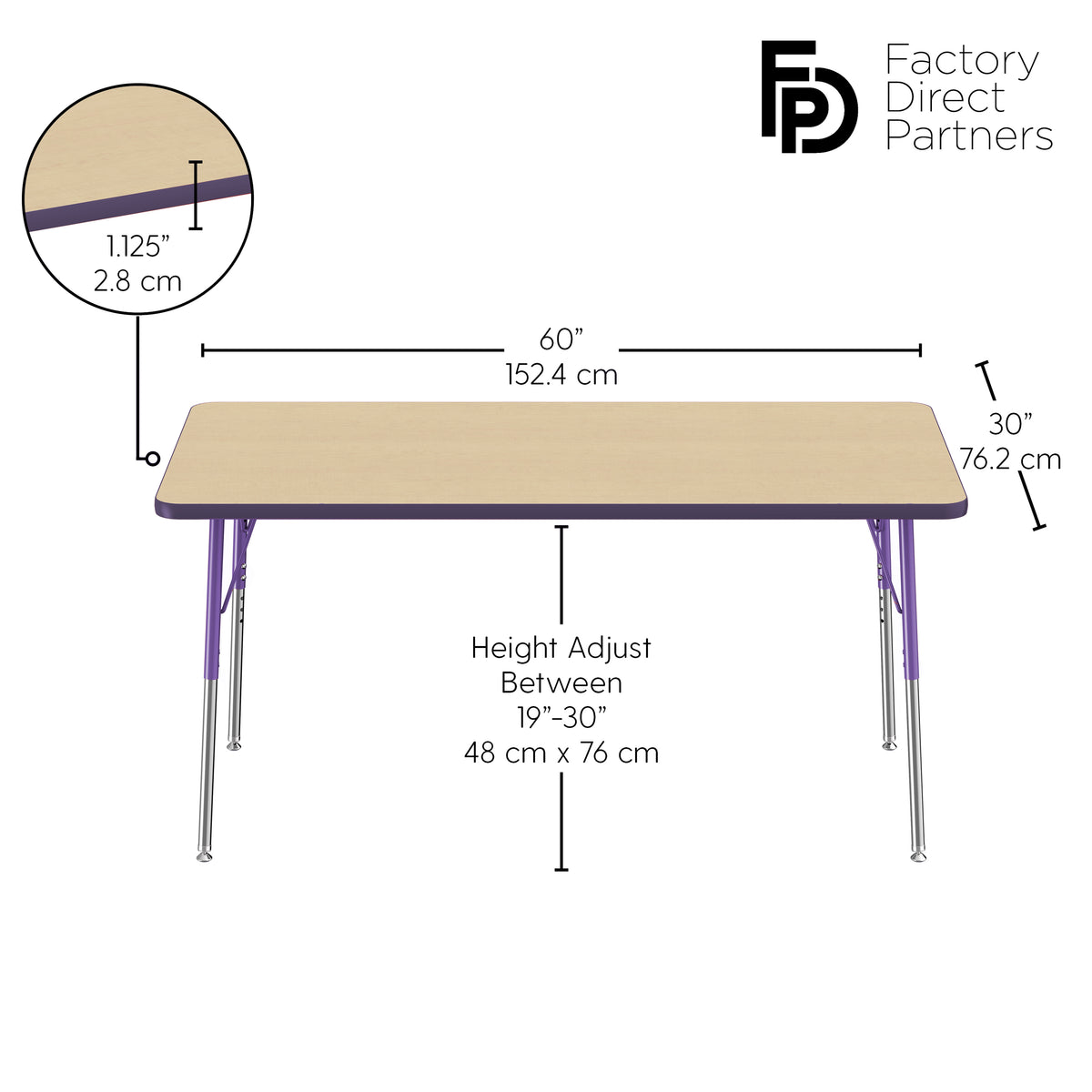30" x 60" Rectangle T-Molding Activity Table with Adjustable Standard Swivel Glide Legs - Maple/Purple