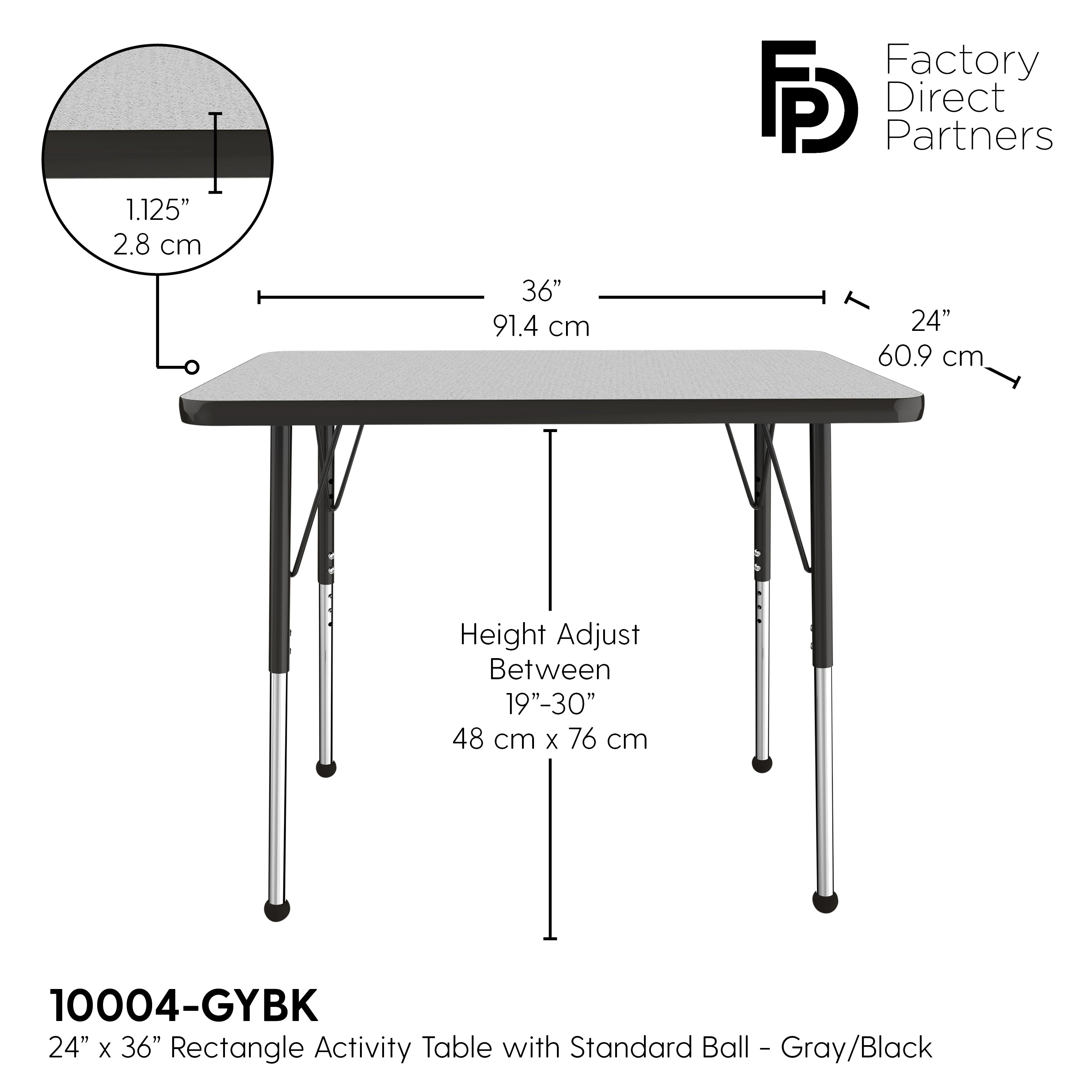 24" x 36" Rectangle T-Molding Activity Table with Adjustable Standard Ball Glide Legs - Gray/Black