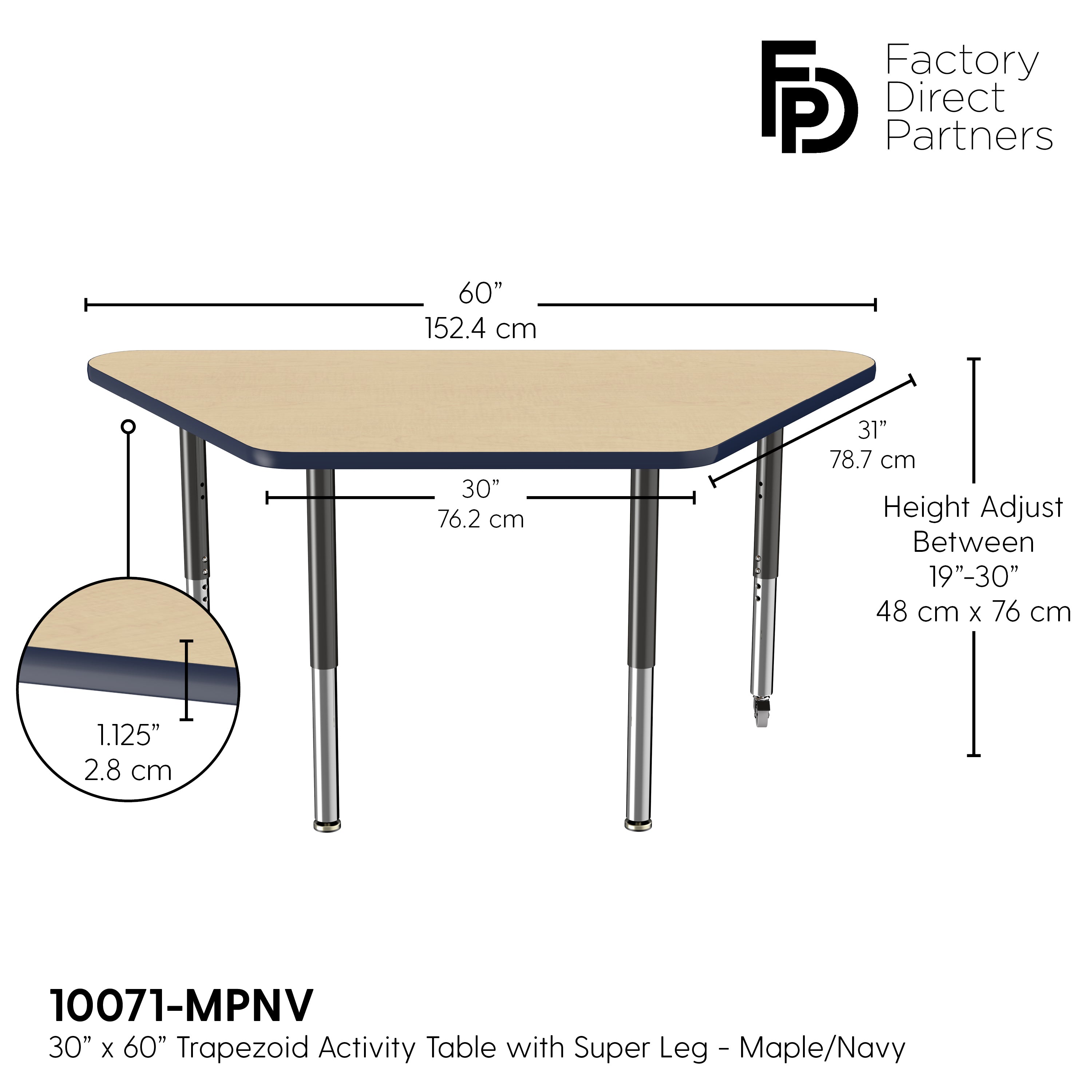 30" x 60" Trapezoid T-Molding Activity Table with Adjustable Super Legs - Maple/Navy/Black