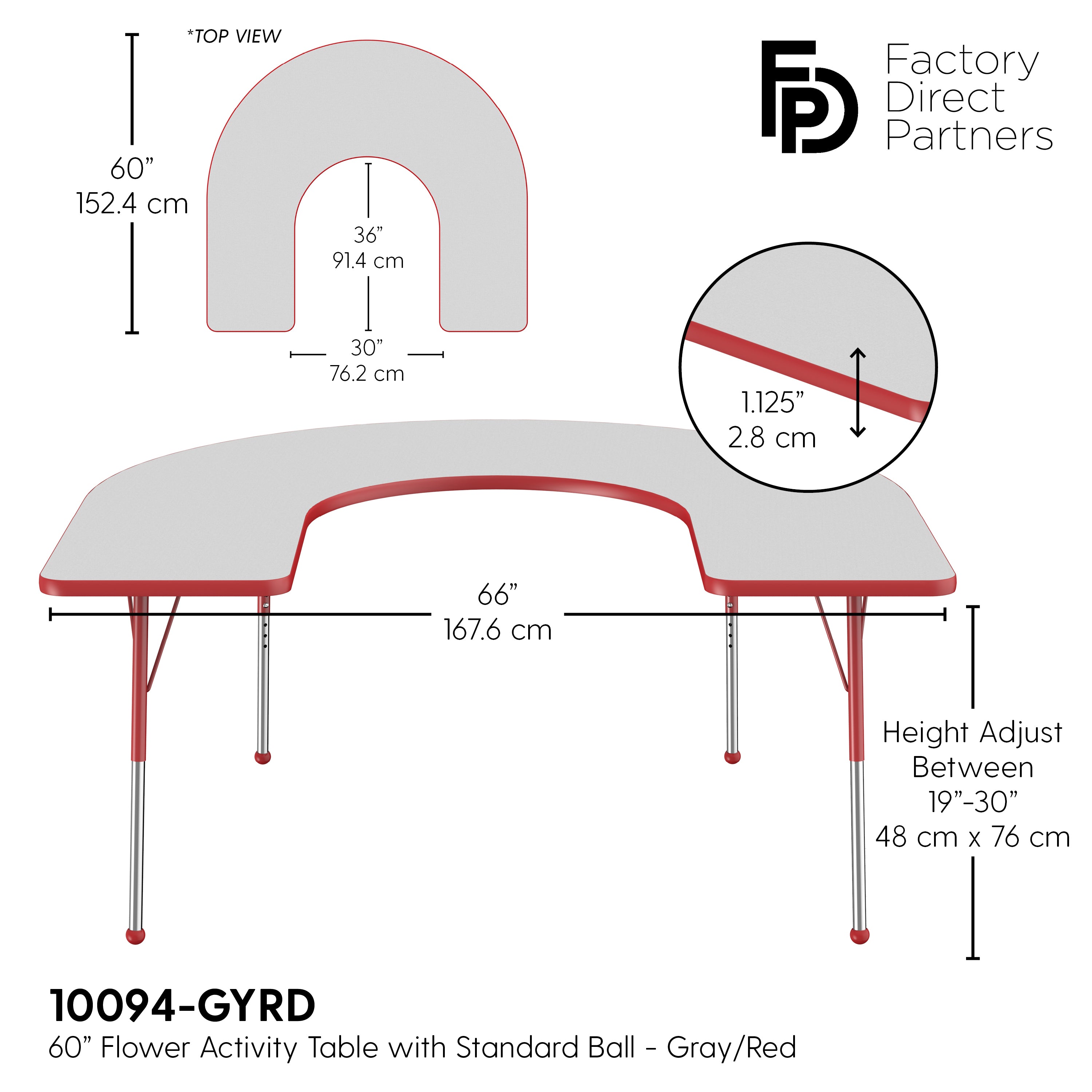 60" x 66" Horseshoe T-Molding Activity Table with Adjustable Standard Ball Glide Legs - Gray/Red