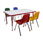 30" x 48" Rectangle Dry-Erase Activity Table with Standard Legs and 14" Stack Chairs with Ball Glides, 5-Piece Set - Whiteboard/Red/Assorted