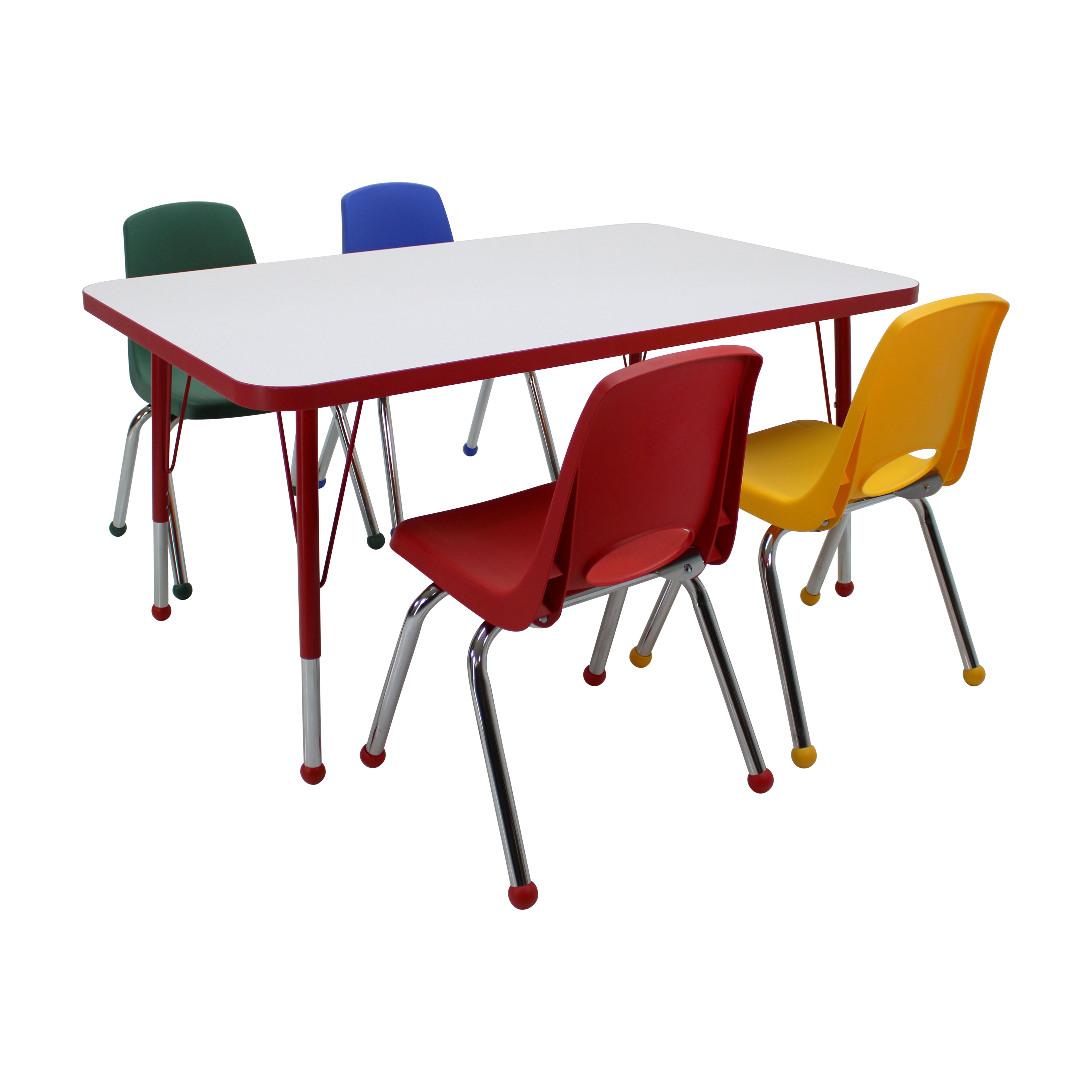 30" x 48" Rectangle Dry-Erase Activity Table with Standard Legs and 14" Stack Chairs with Ball Glides, 5-Piece Set - Whiteboard/Red/Assorted