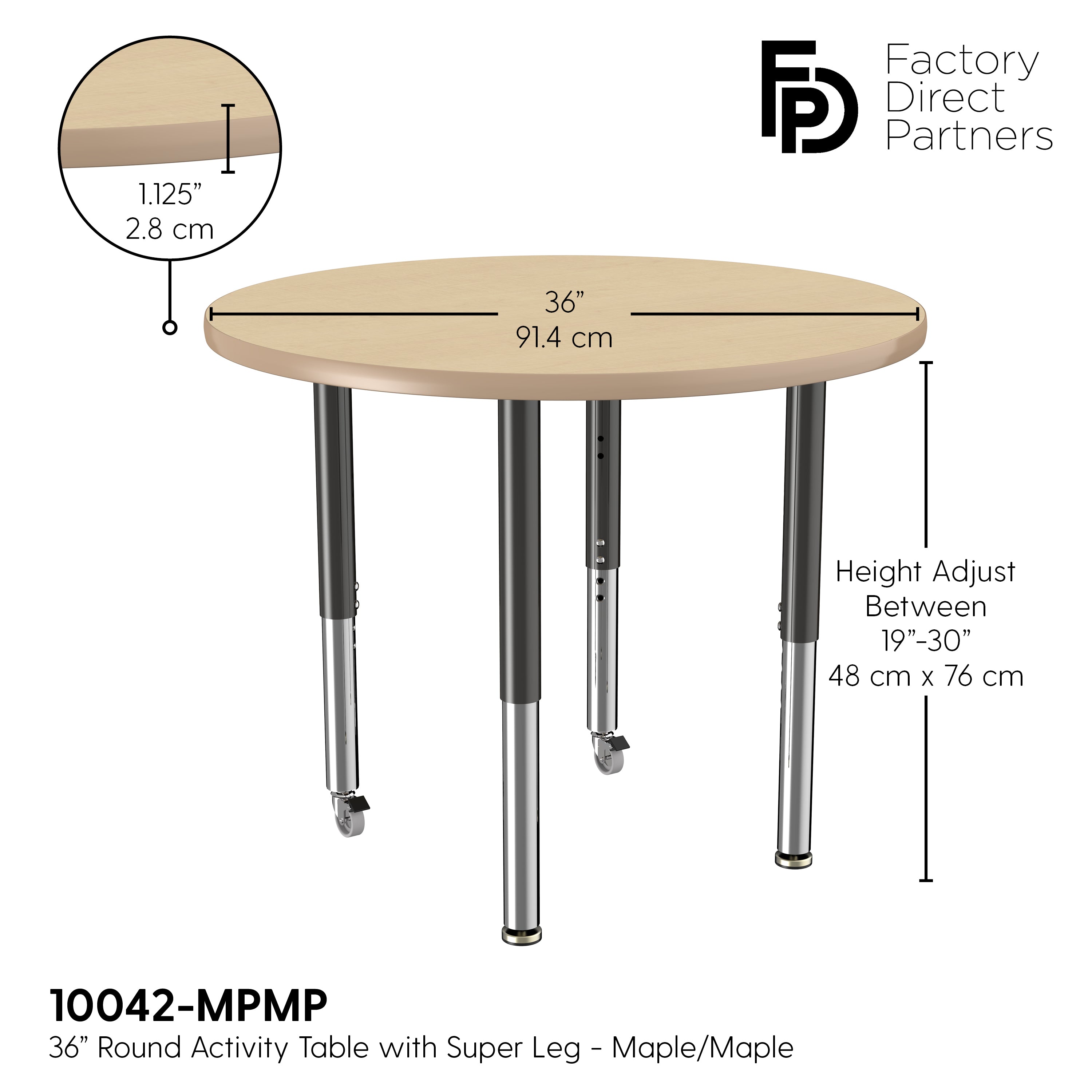 36" Round T-Molding Activity Table with Adjustable Super Legs - Maple/Maple/Black