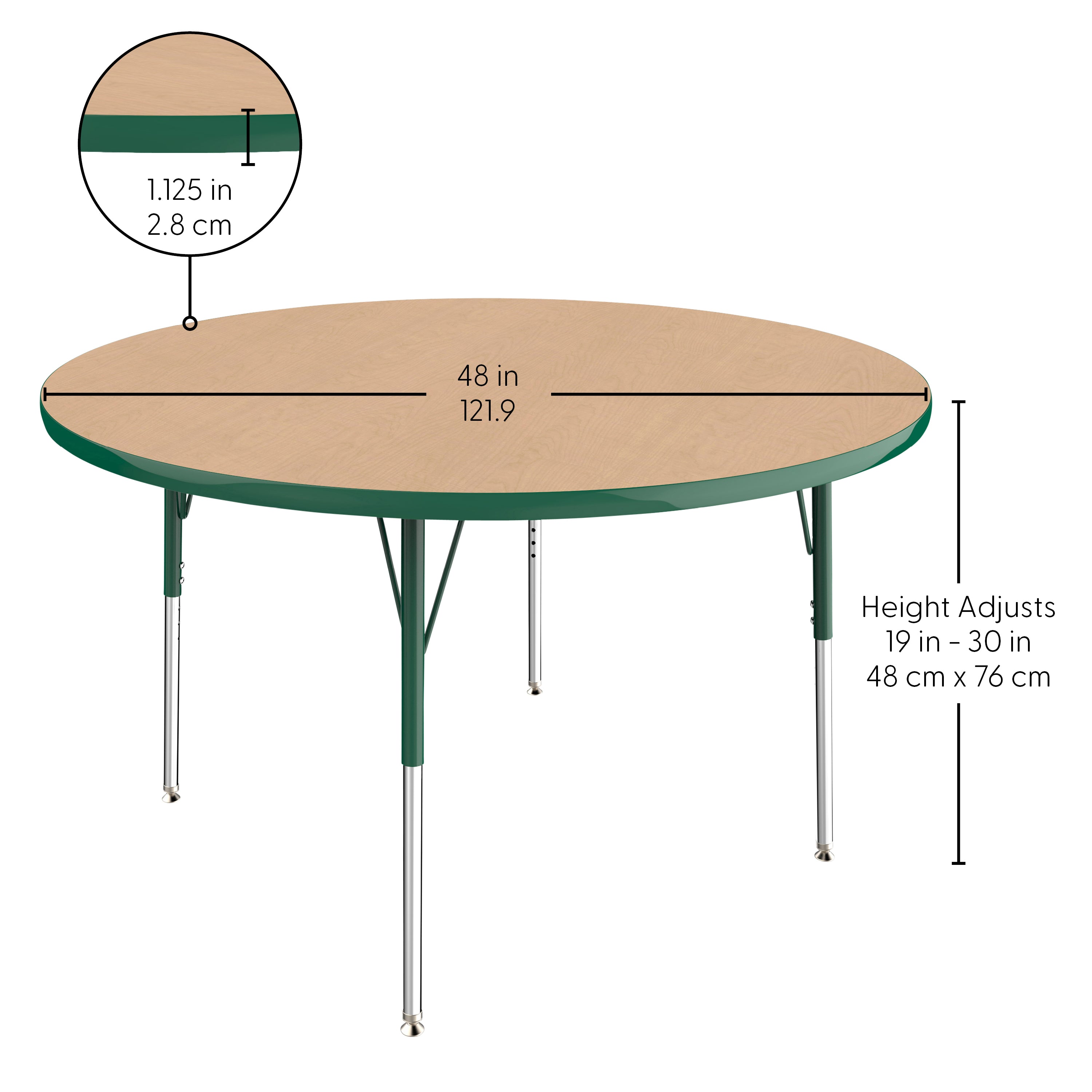 48" Round T-Molding Activity Table with Adjustable Standard Swivel Glide Legs - Maple/Green
