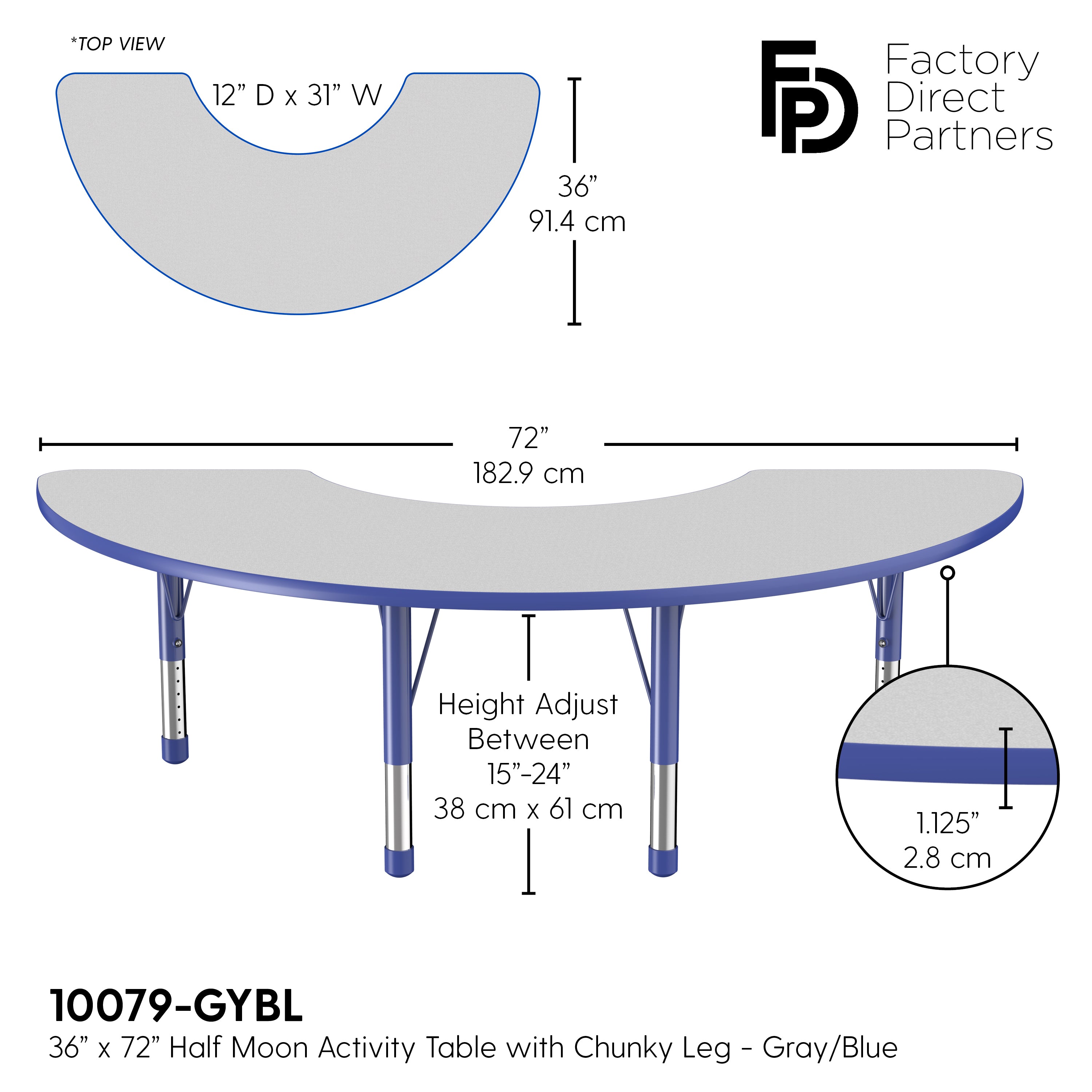 36" x 72" Half Moon T-Molding Activity Table with Adjustable Chunky Legs - Gray/Blue