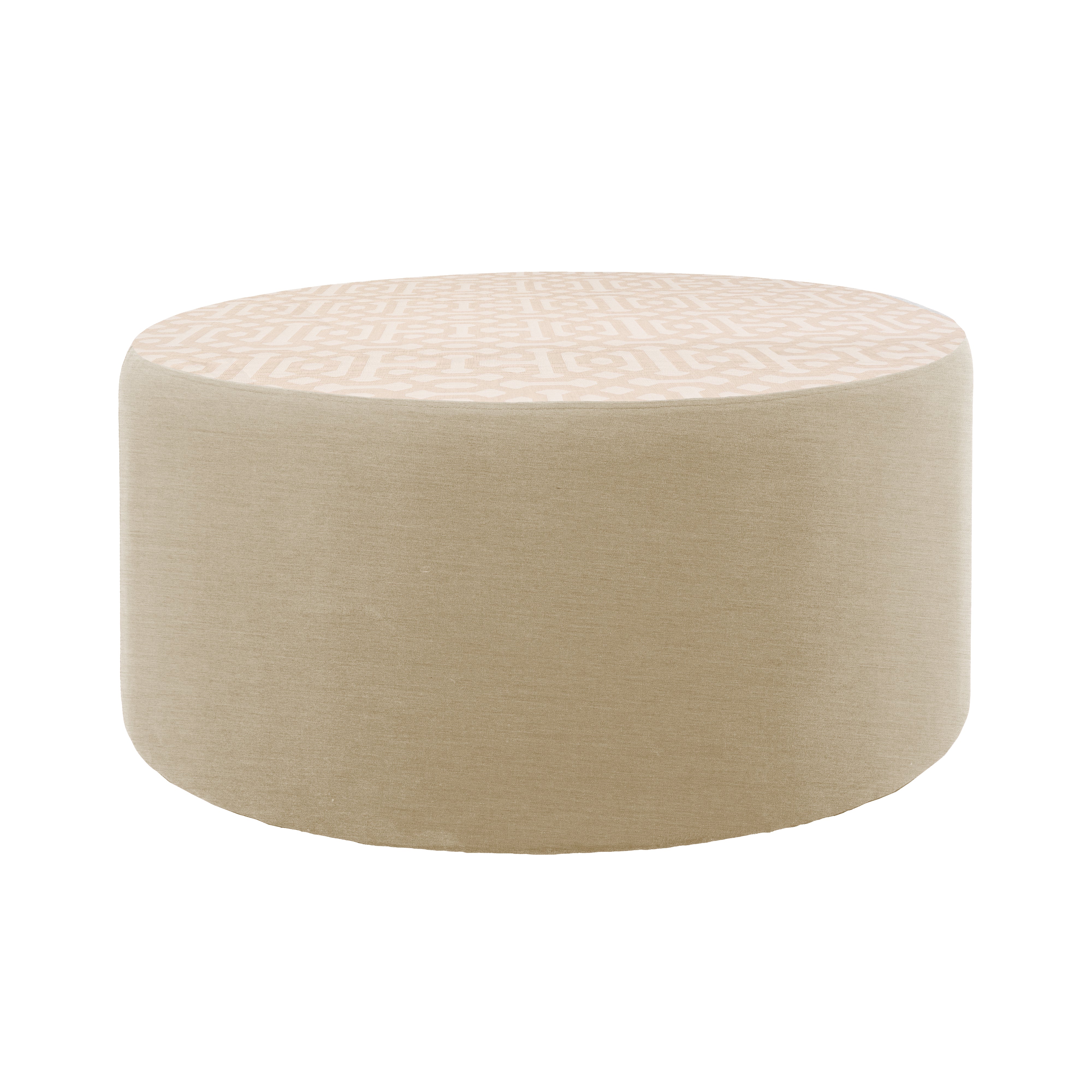 Outdoor 36" Round Ottoman with Sunbrella, 18" H - Fretwork Flax/Spectrum Sand