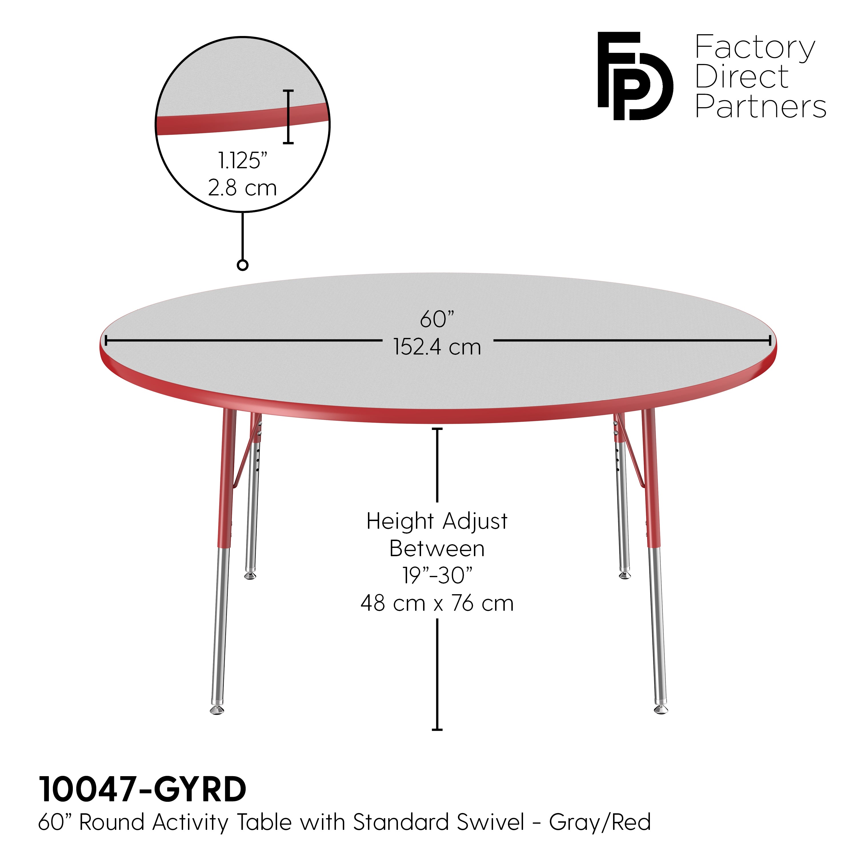 60" Round T-Molding Activity Table with Adjustable Standard Swivel Glide Legs - Gray/Red