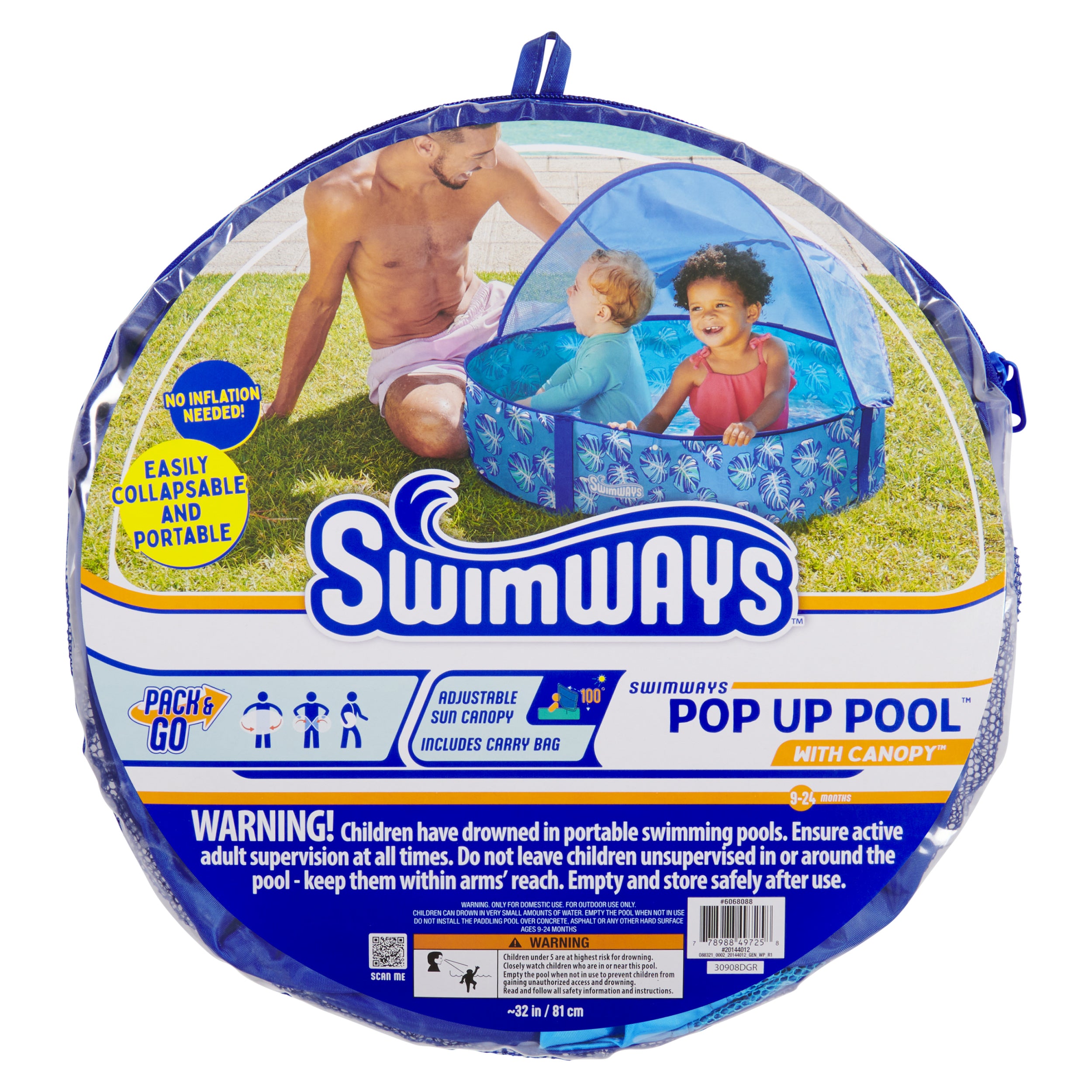 Swimways Elite Pop-Up Above Ground Pool, Baby Pool with Canopy & Carrying Case, Foldable Pool for Kids Aged 9-24 Months, Measures 32", Blue