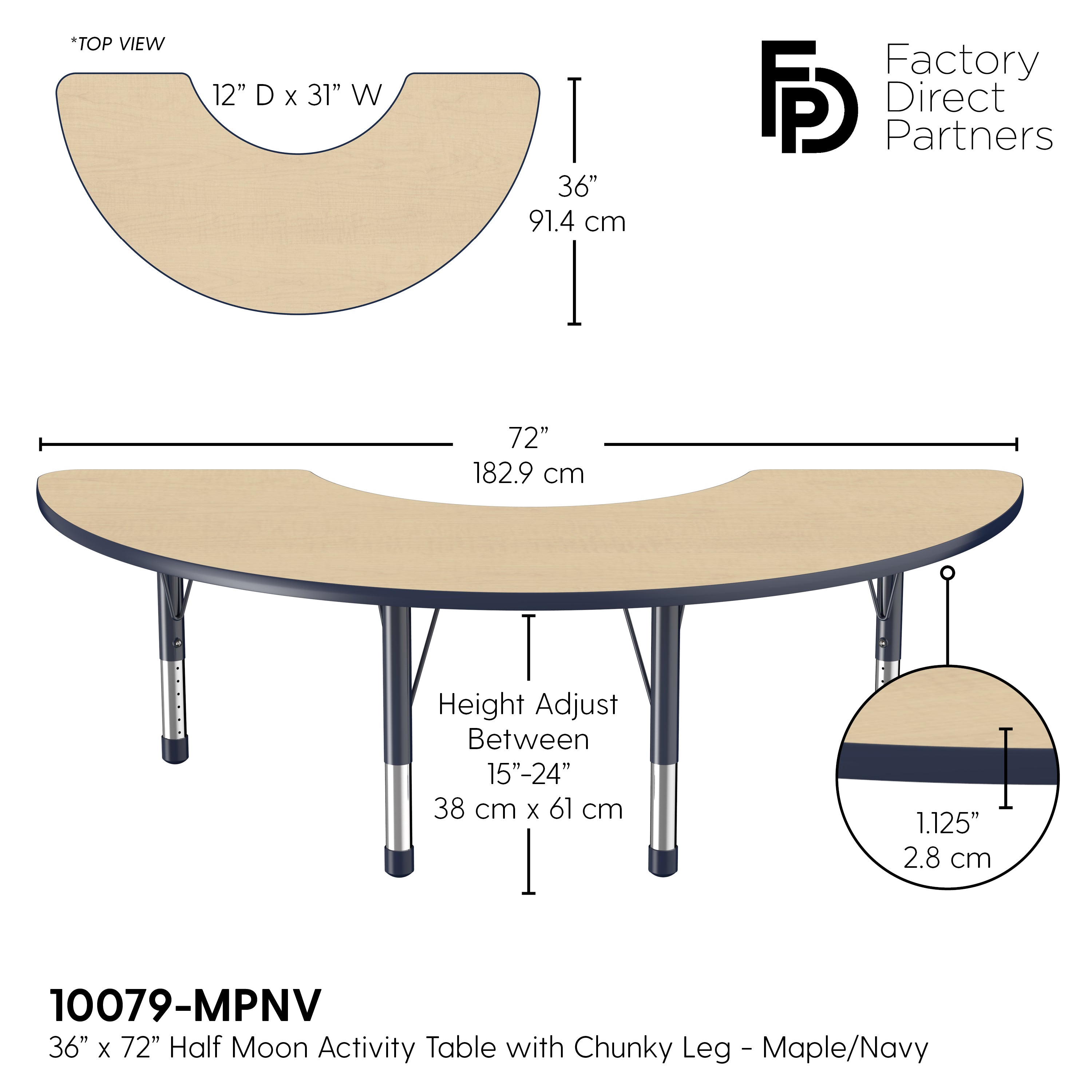 36" x 72" Half Moon T-Molding Activity Table with Adjustable Chunky Legs - Maple/Navy