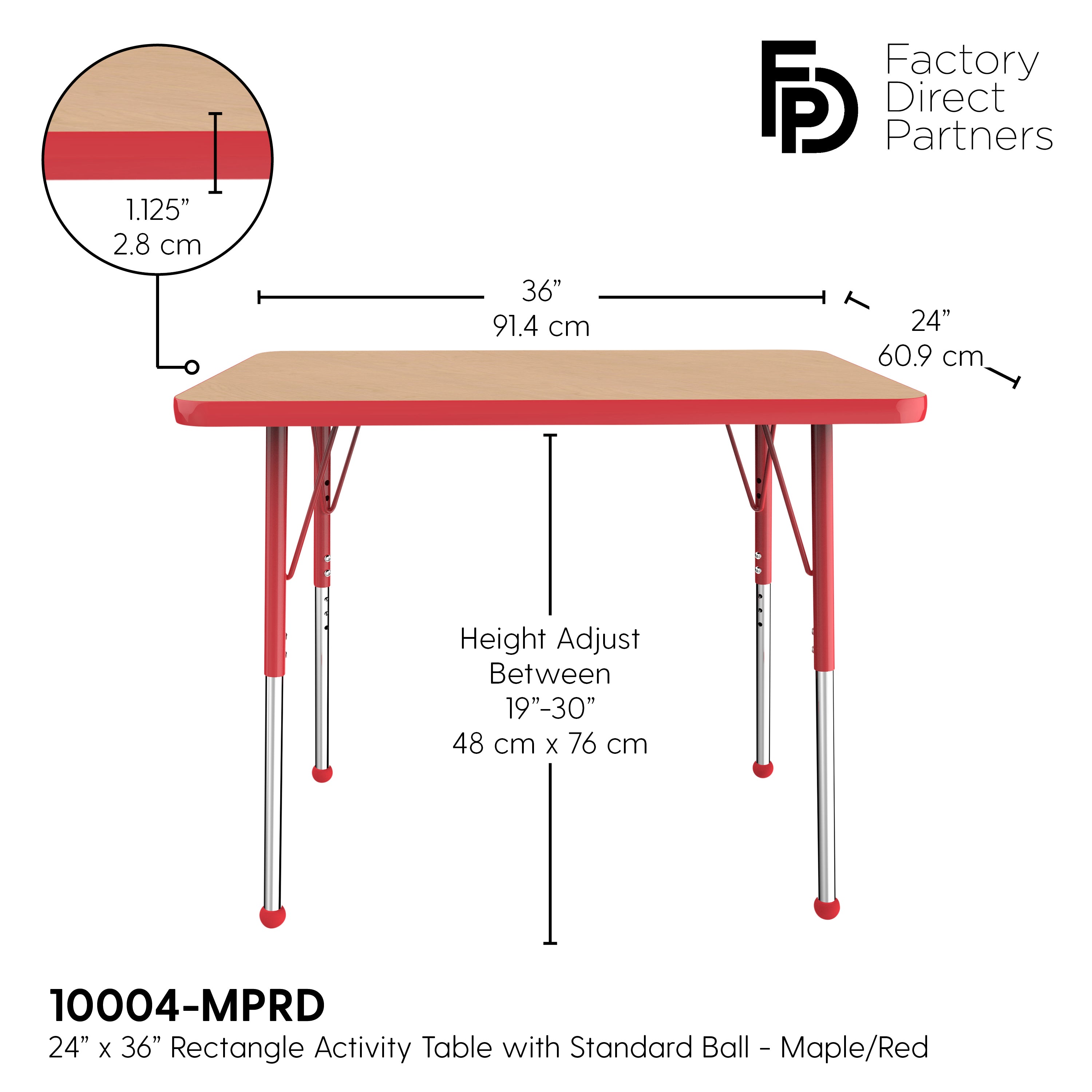 24" x 36" Rectangle T-Molding Activity Table with Adjustable Standard Ball Glide Legs - Maple/Red