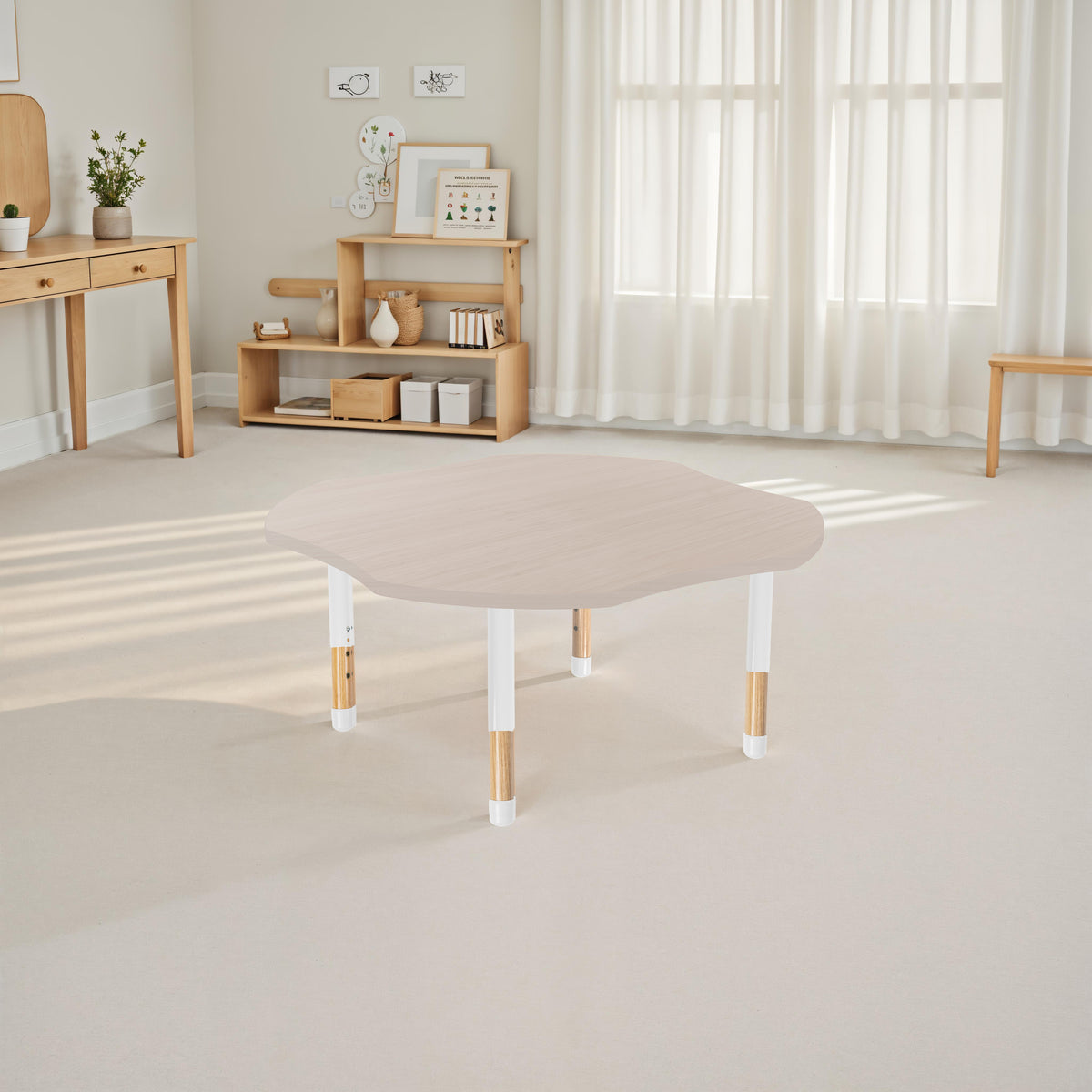 48" x 48" Clover Thermofused Activity Table with Adjustable Chunky Wood Legs - Asian Sand/White/Natural