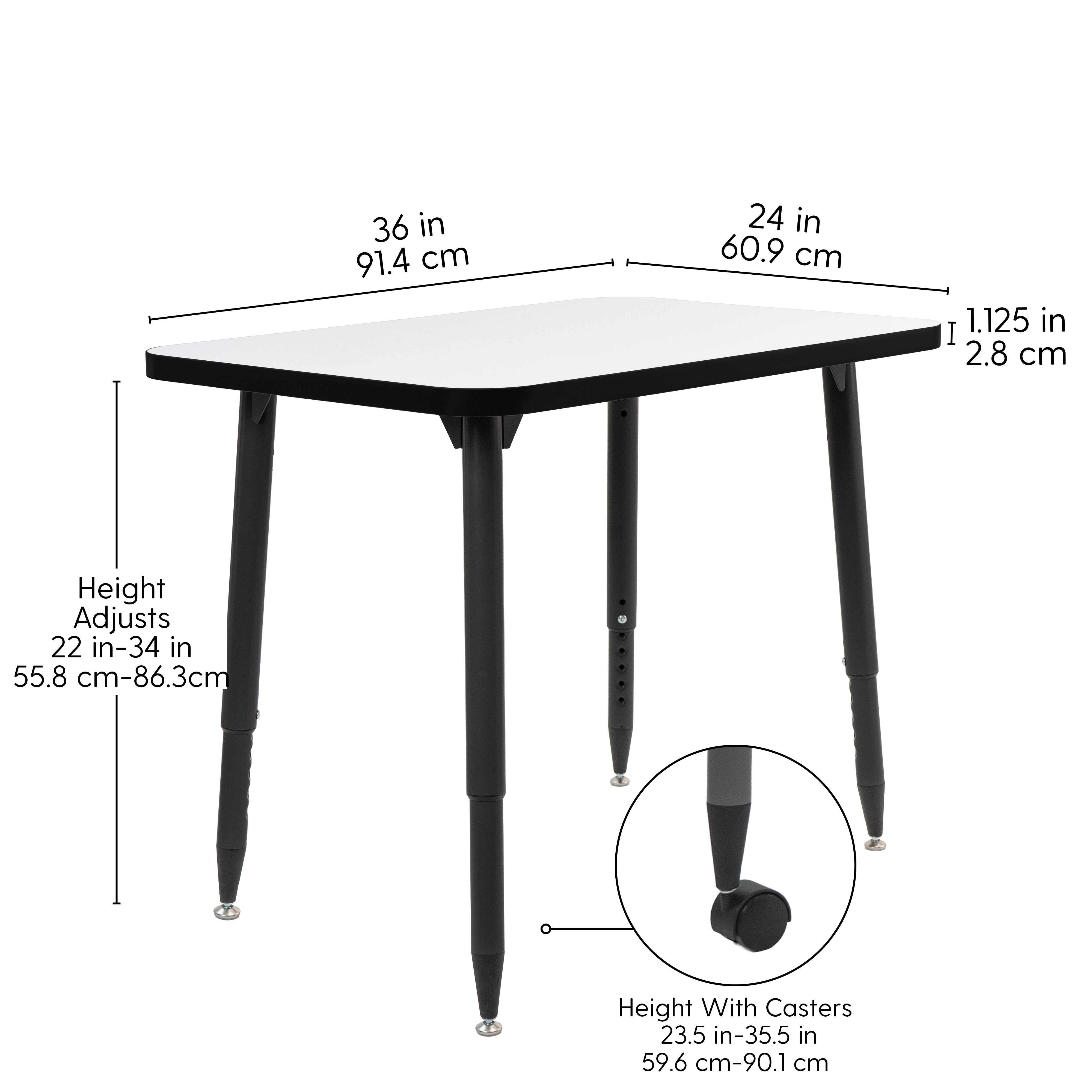 Adapte 24" x 36" Rectangle Dry-Erase Activity Table with Adjustable Tapered Legs - Whiteboard/Black