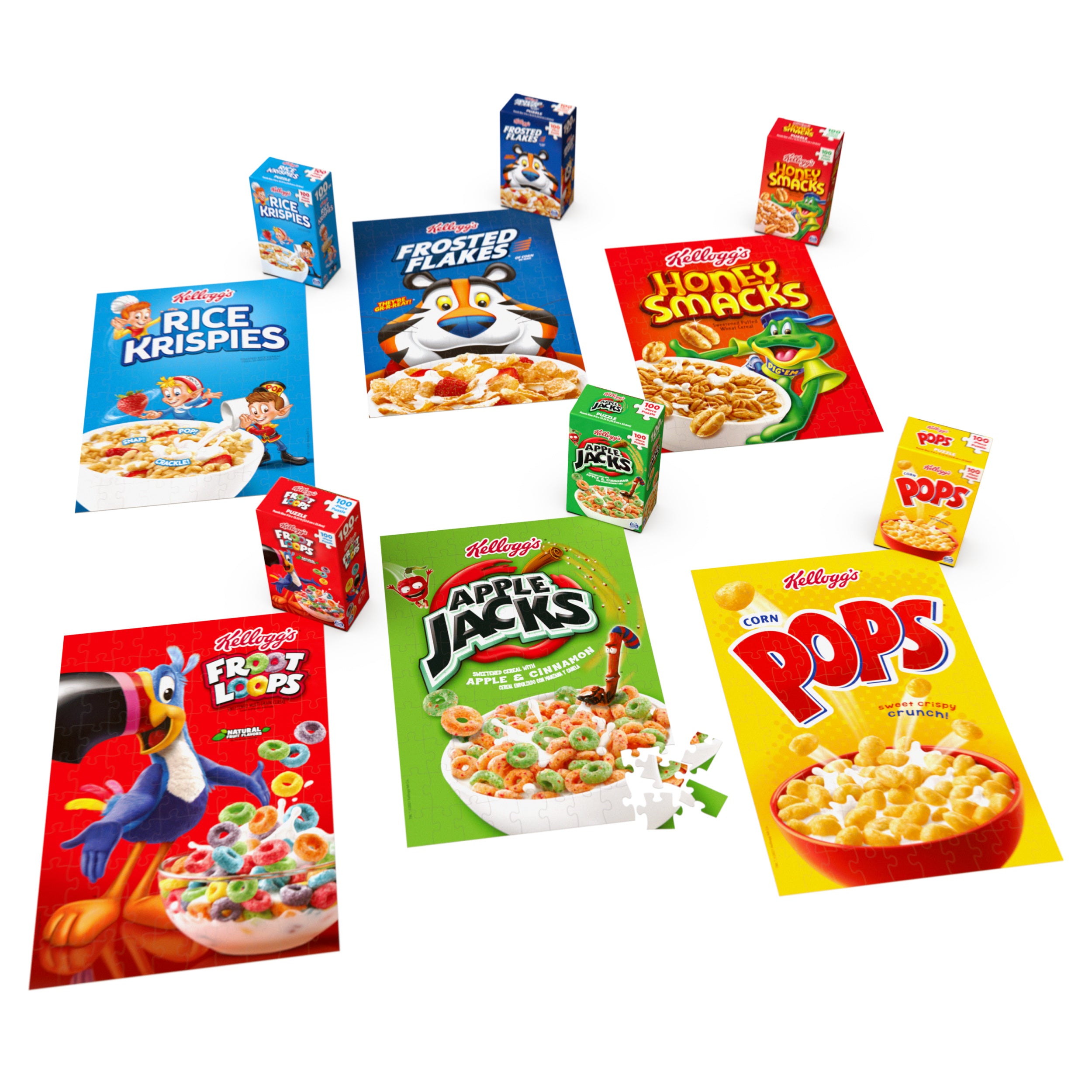 Spin Master Games, Kellogg's Cereal 100-Piece Puzzles 6-Pack, Square Cereal Boxes Puzzle Gift Set, Froot Loops, Rice Krispies, Raisin Bran, Corn Flakes, Frosted Flakes, Honey Smacks for Ages 4 & Up