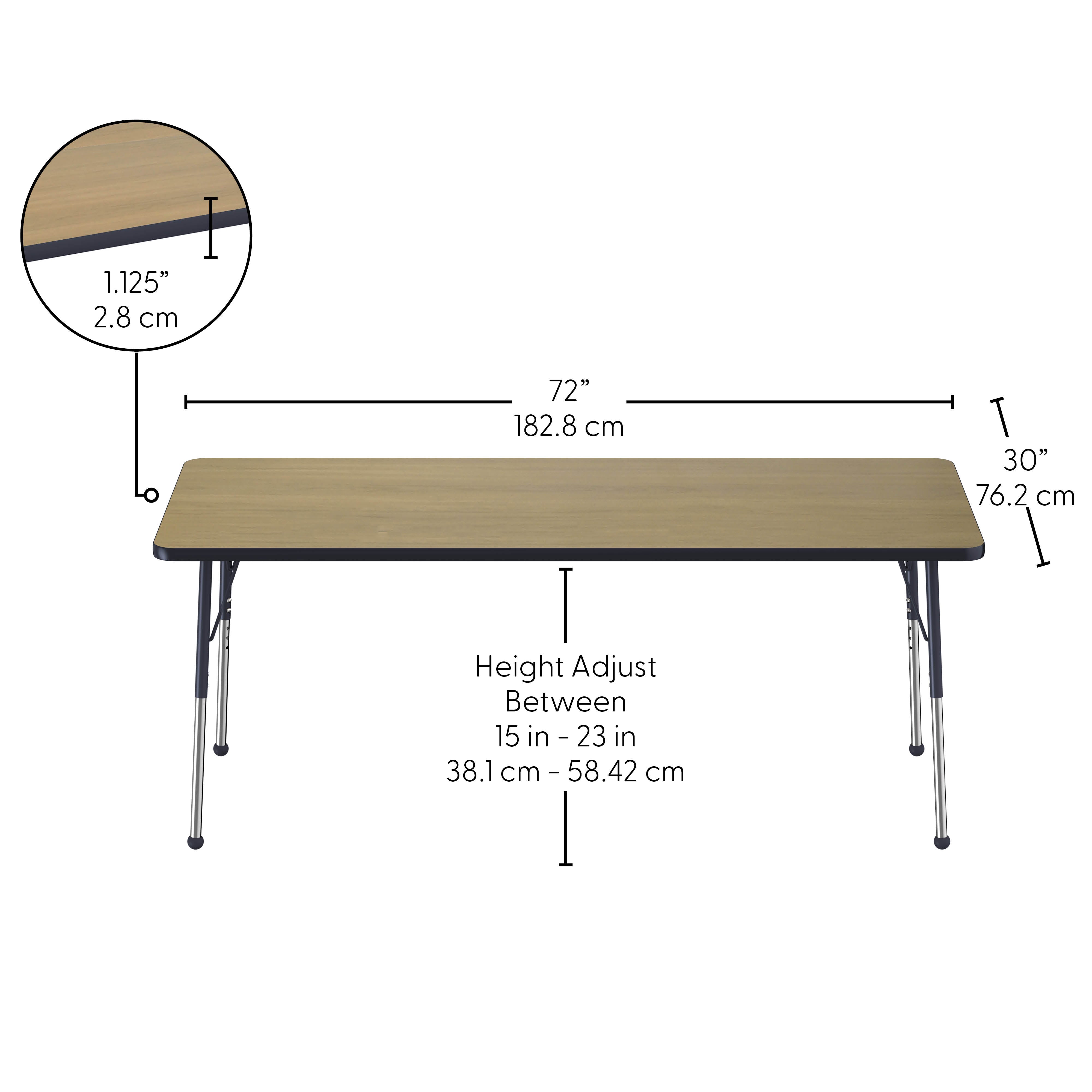 30" x 72" Rectangle Thermofused Activity Table with Adjustable Standard Ball Glide Legs - Pasadena Oak/Navy