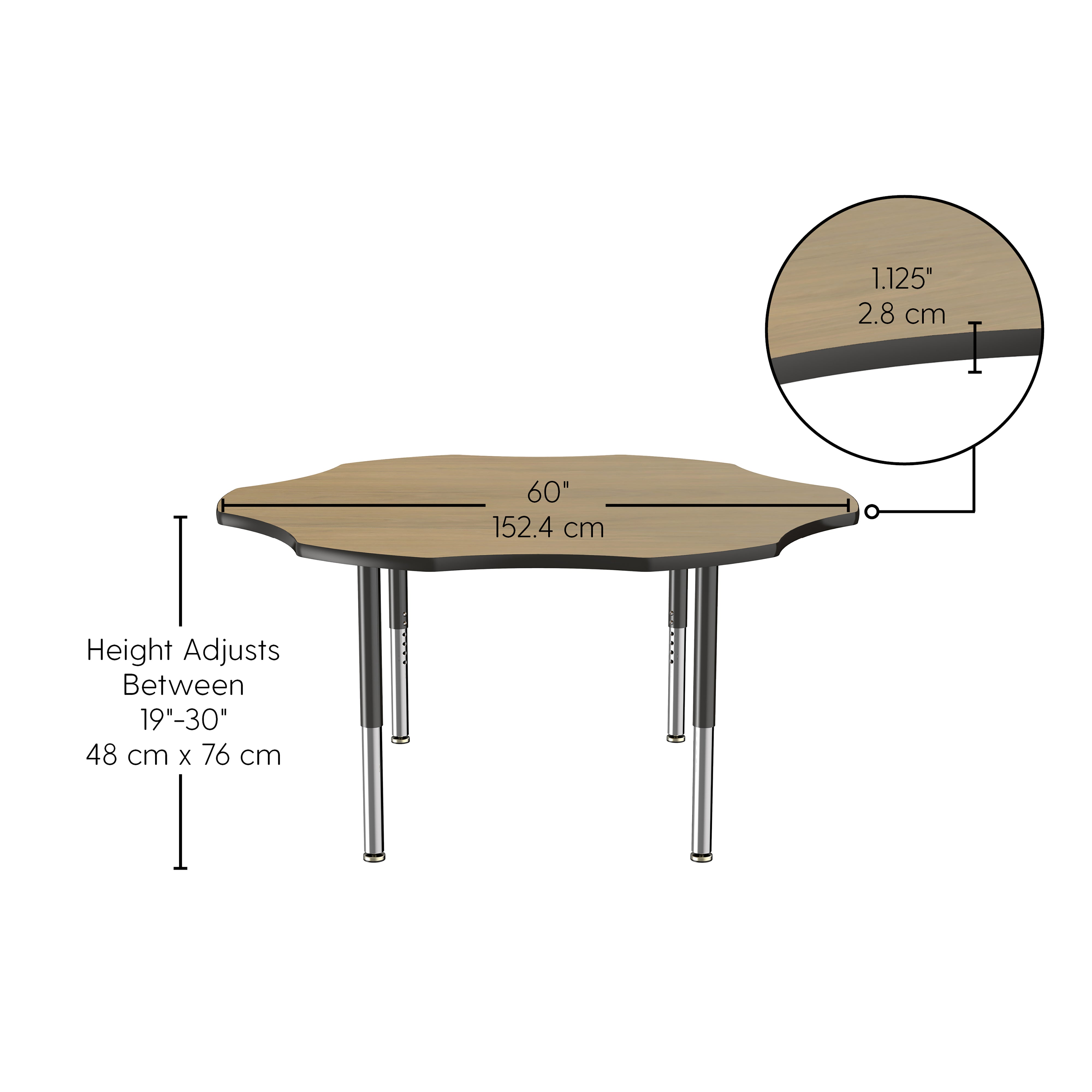 60" x 60" Flower T-Molding Activity Table with Adjustable Super Legs - Pasadena Oak/Black
