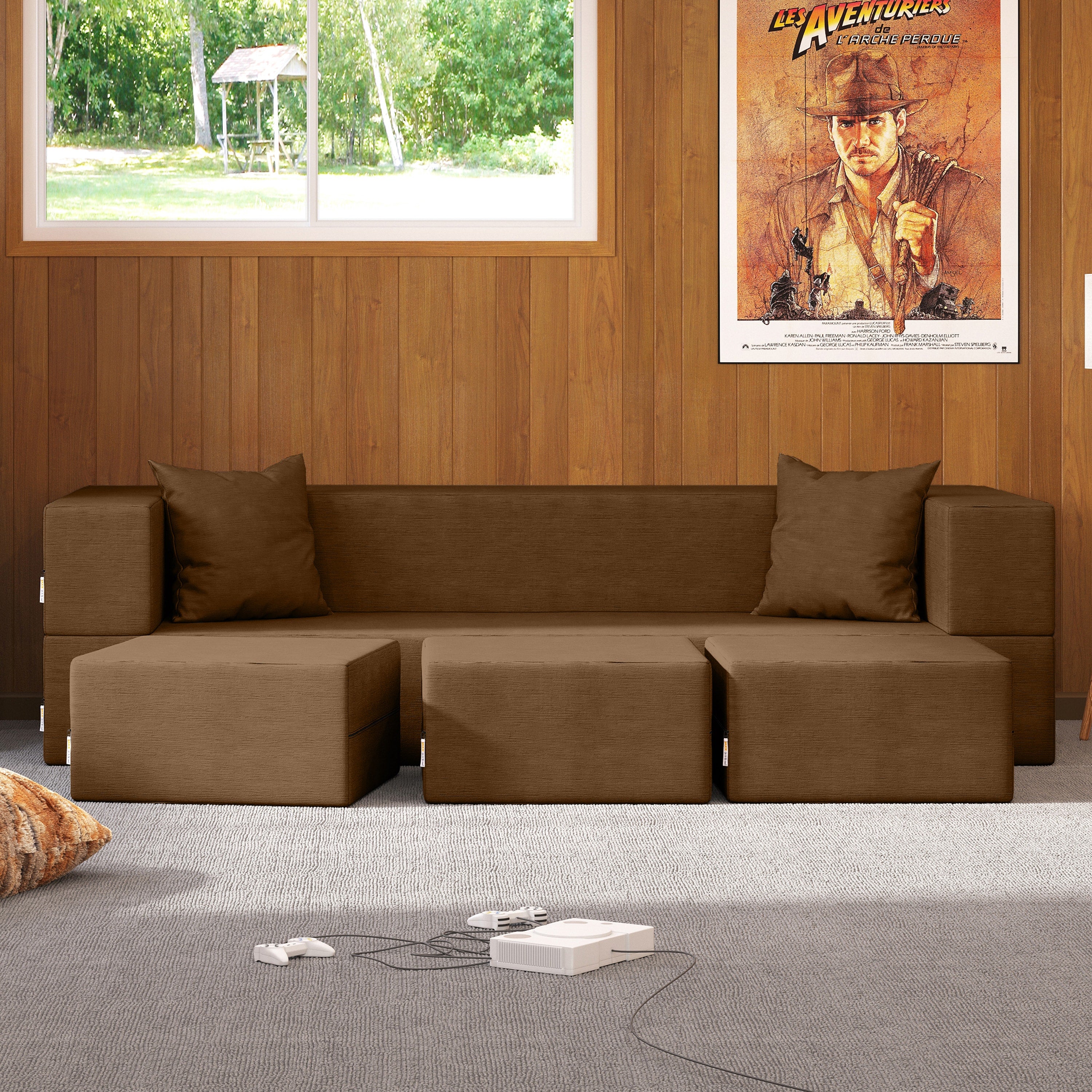 Jaxx Zipline Convertible Sleeper Sofa & Three Ottomans/California King-Size Bed, Textured Microvelvet - Toffee