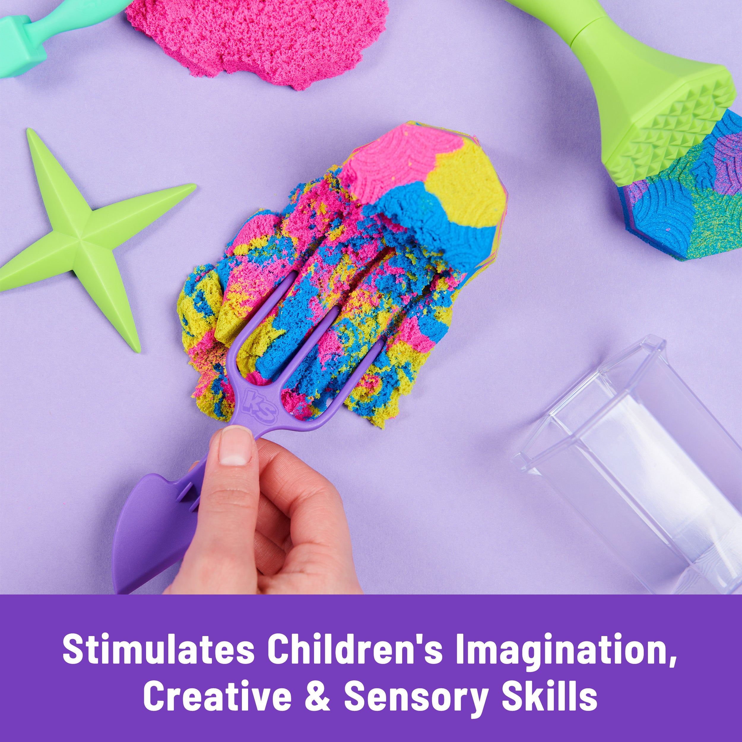 Kinetic Sand, Squish N’ Create Playset with 13.5oz Blue, Yellow & Pink Play Sand, 5 Tools, Sensory Toys for Kids Ages 3 and up