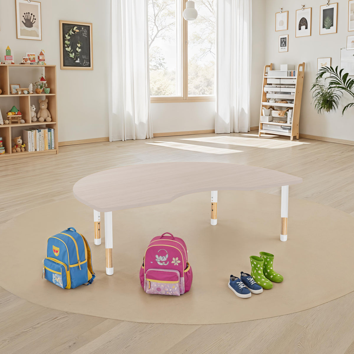 48" x 72" Kidney Thermofused Activity Table with Adjustable Chunky Wood Legs - Asian Sand/White/Natural